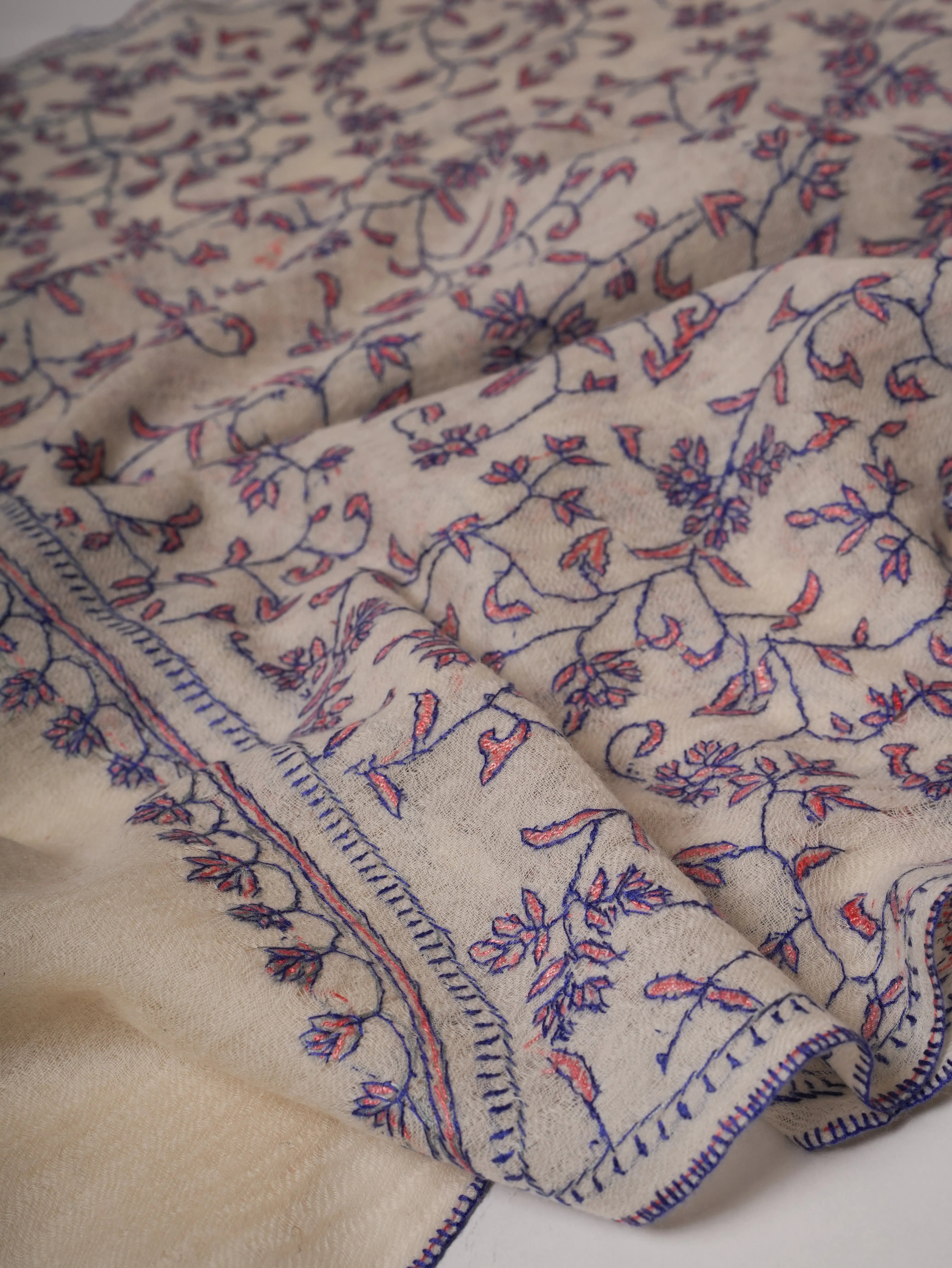All Over Hand Embroidered Lightweight Boiled Wool Shawl Shahkaar