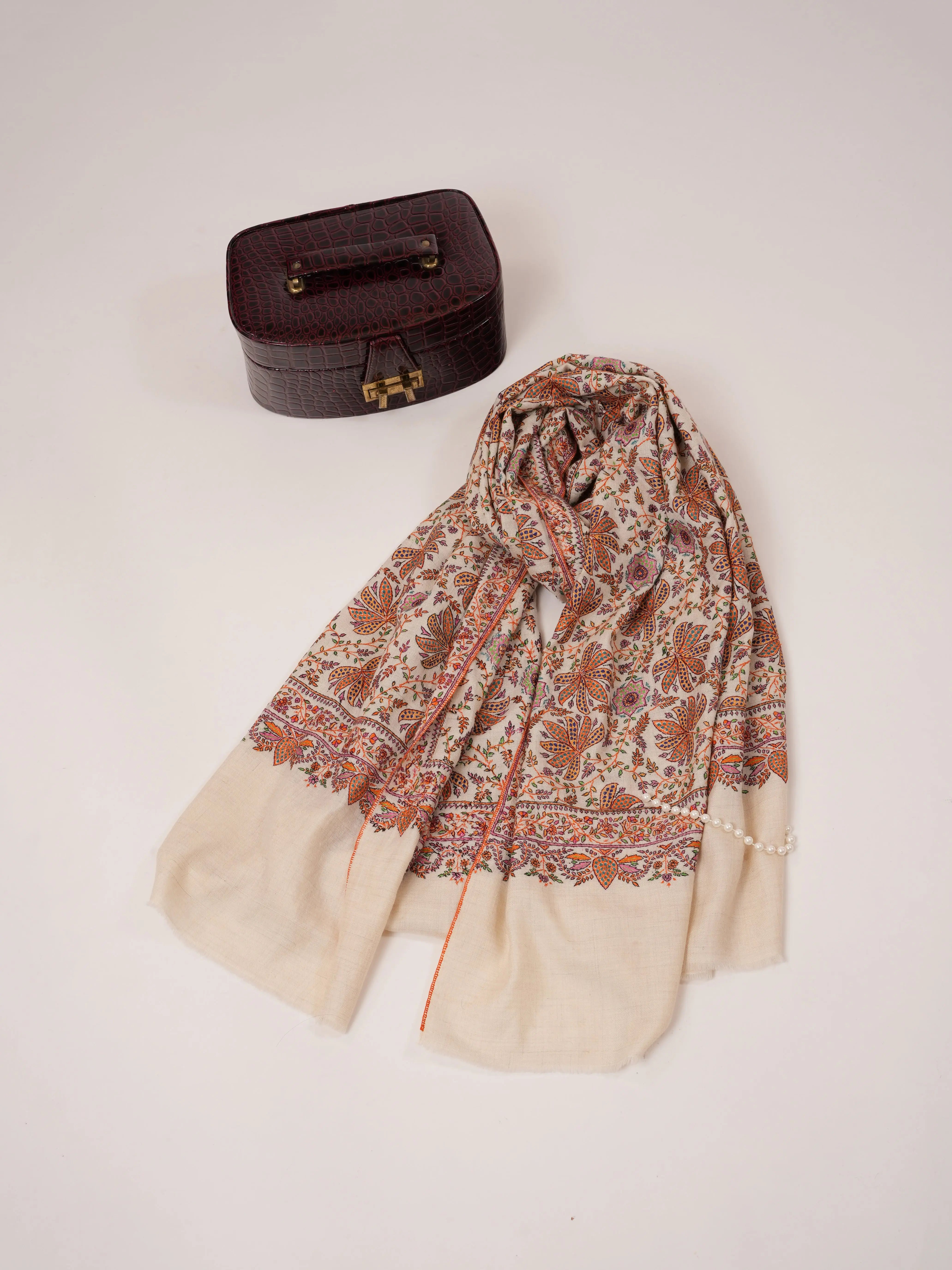 Natural White Pashmina Shawl with Detailed Hand Embroidery Shahkaar.com