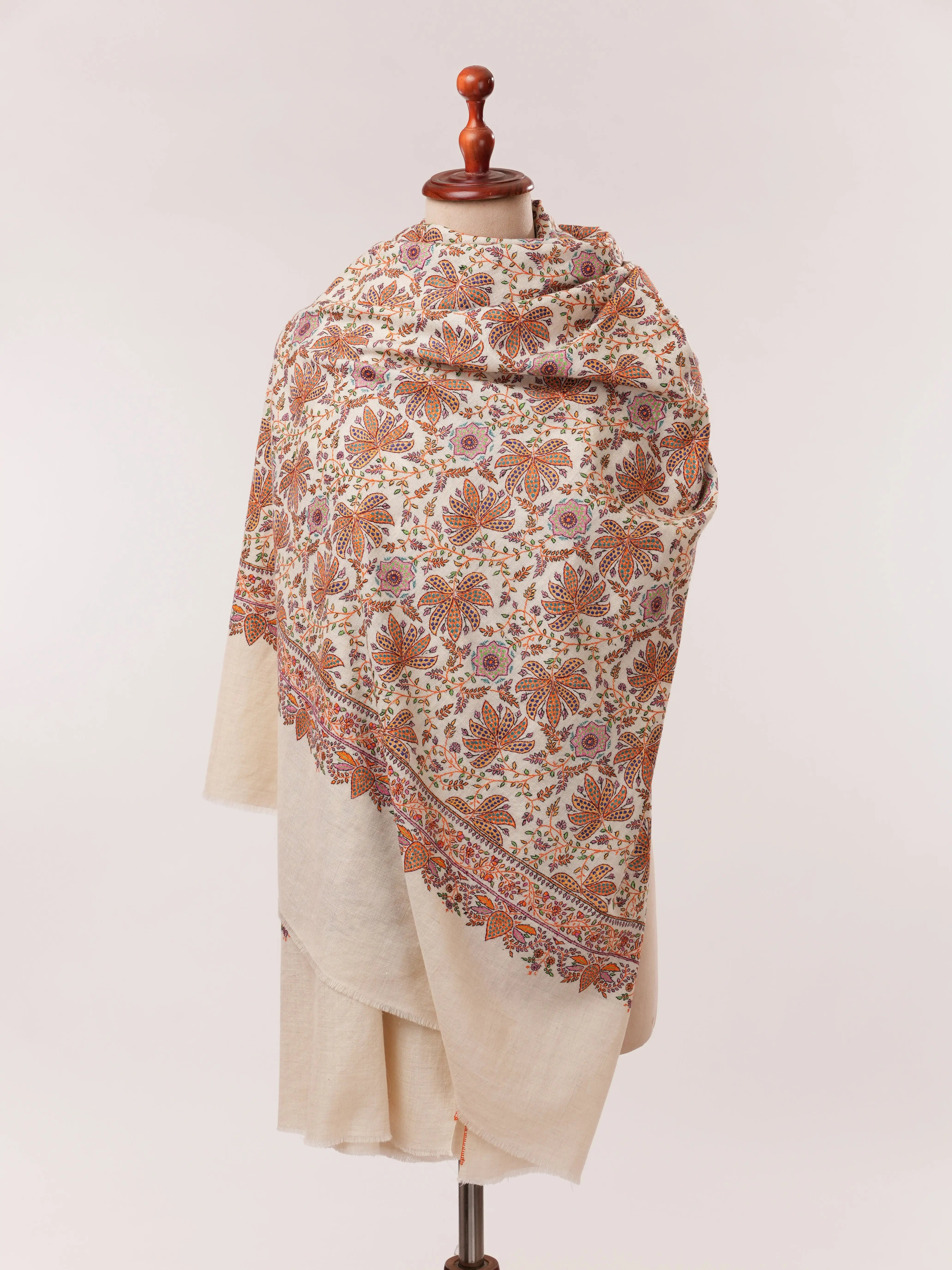 Natural White Pashmina Shawl with Detailed Hand Embroidery Shahkaar.com