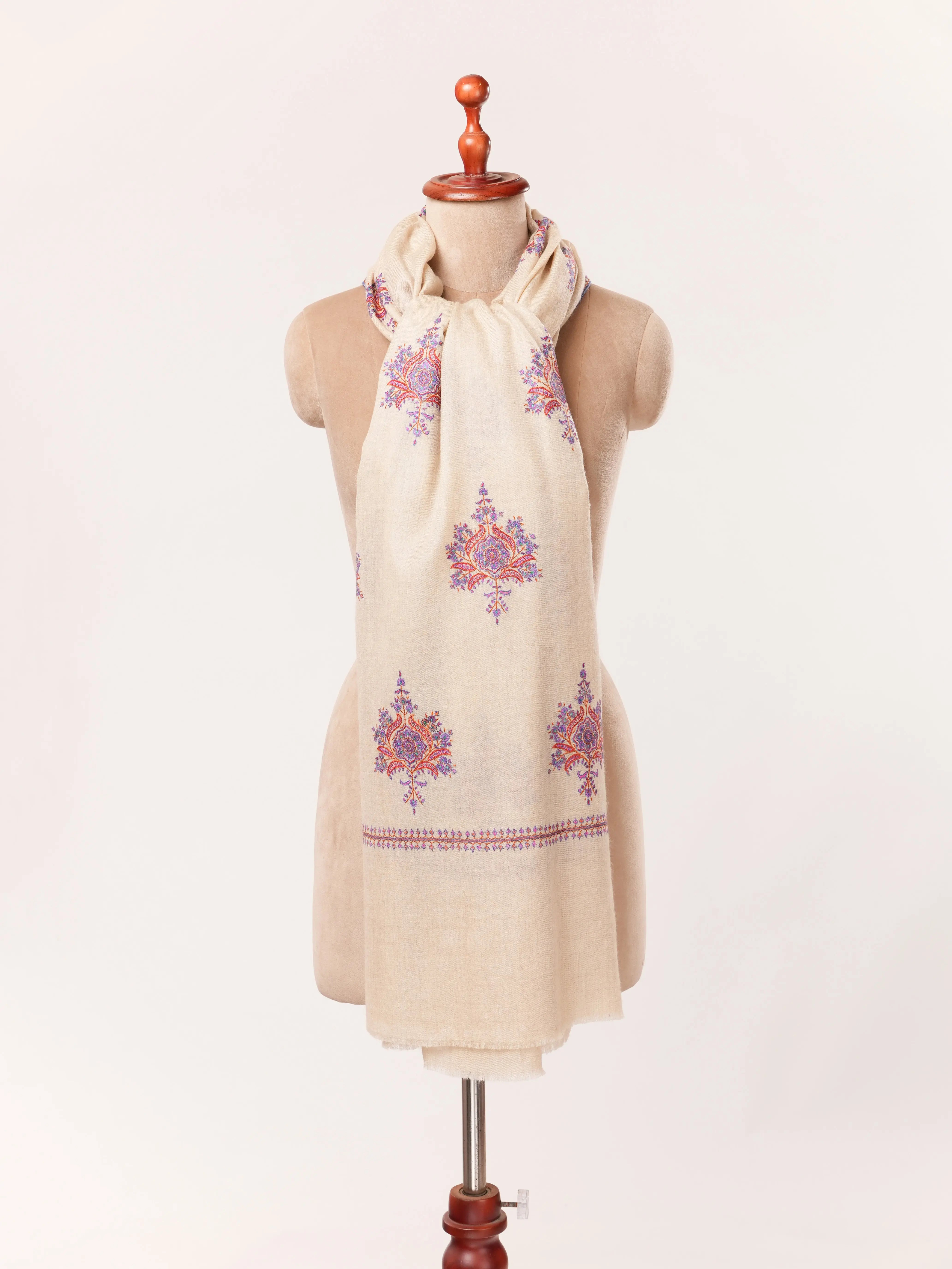 Kashmiri Beige Handwoven Pashmina Shawl with Buteh Hand Sozni Embroidery Shahkaar.com