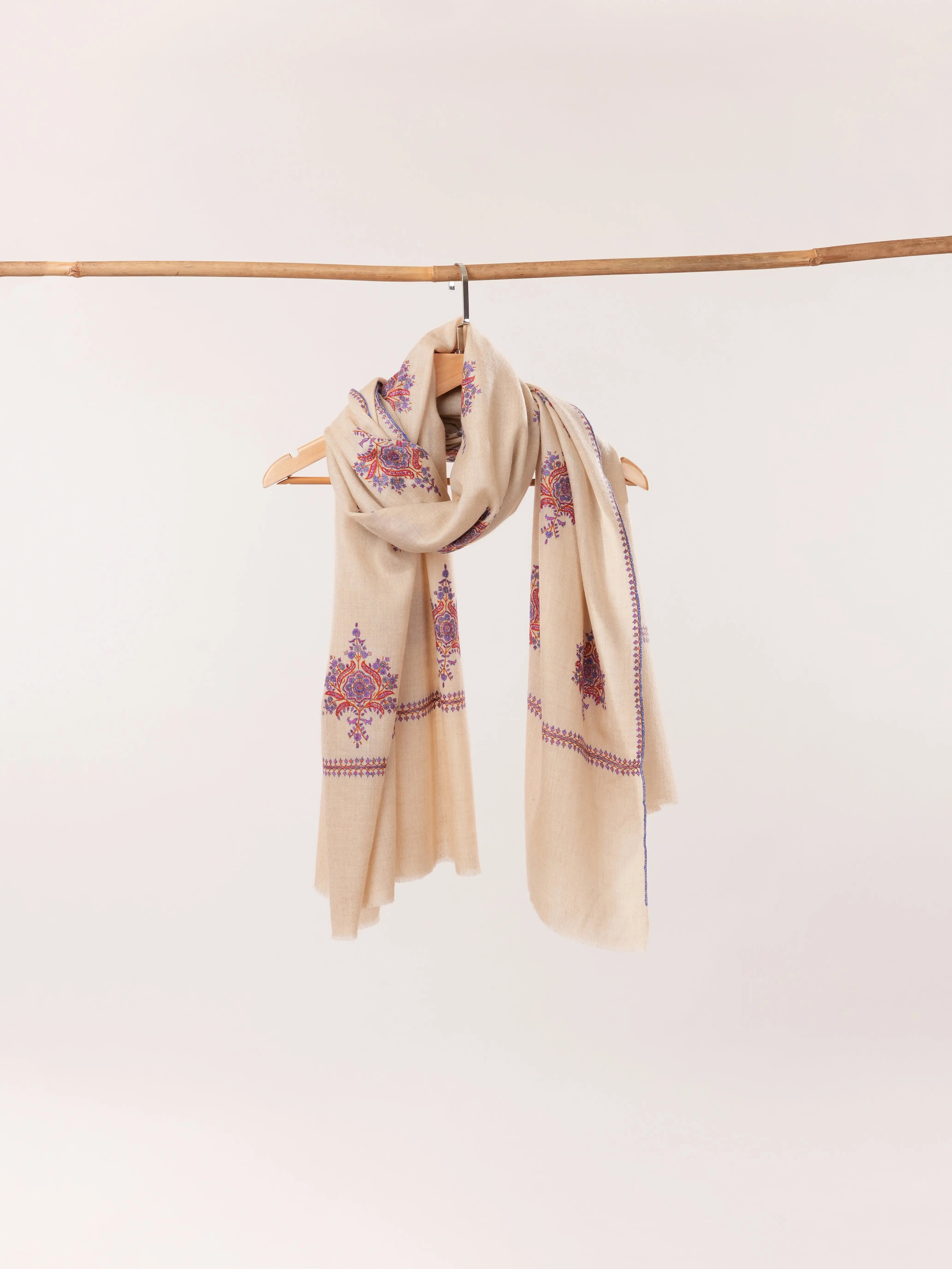 Kashmiri Beige Handwoven Pashmina Shawl with Buteh Hand Sozni Embroidery Shahkaar.com