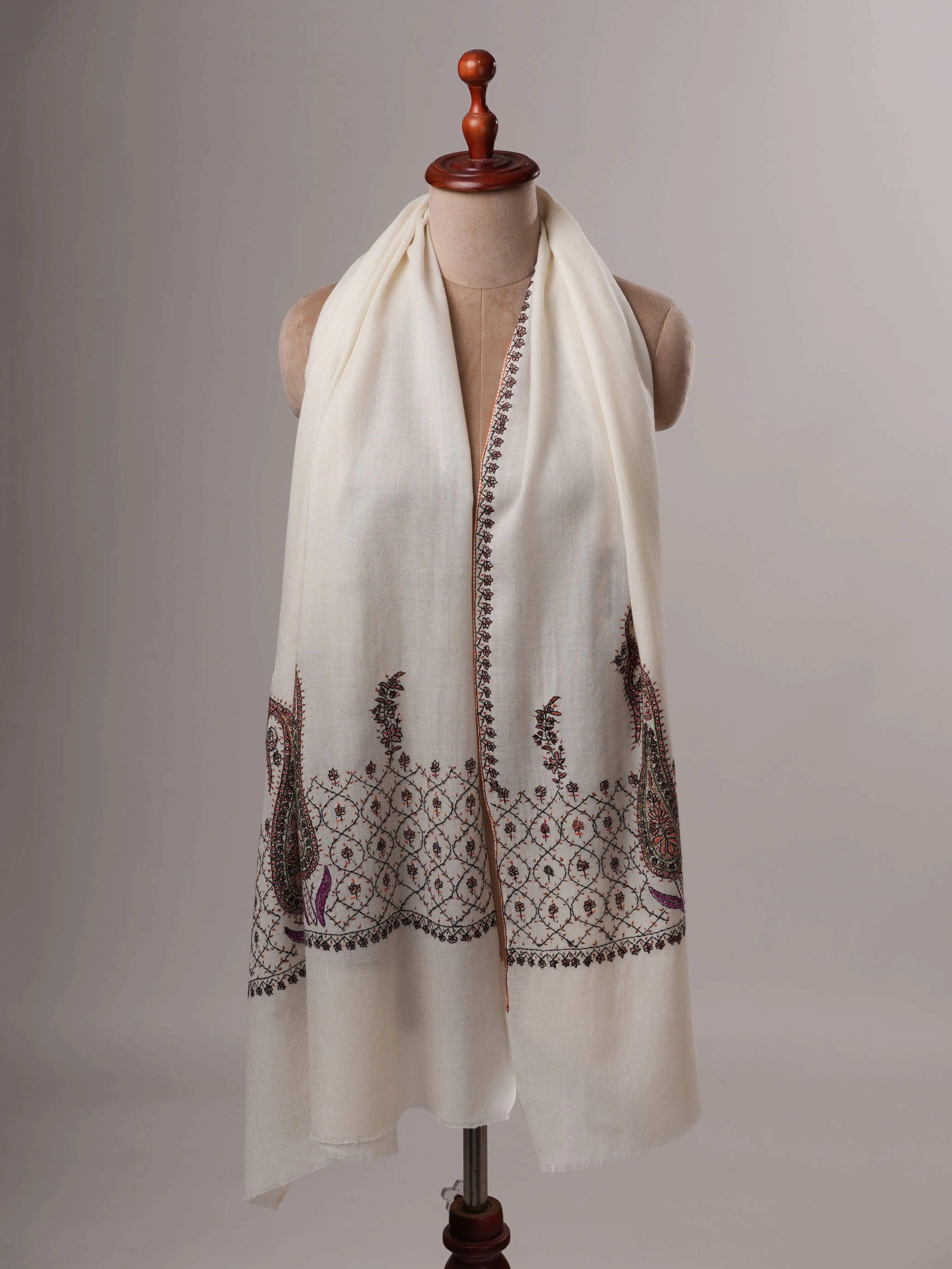 Artisan White Silk Wool Scarf with Traditional Palla Embroidery Shahkaar