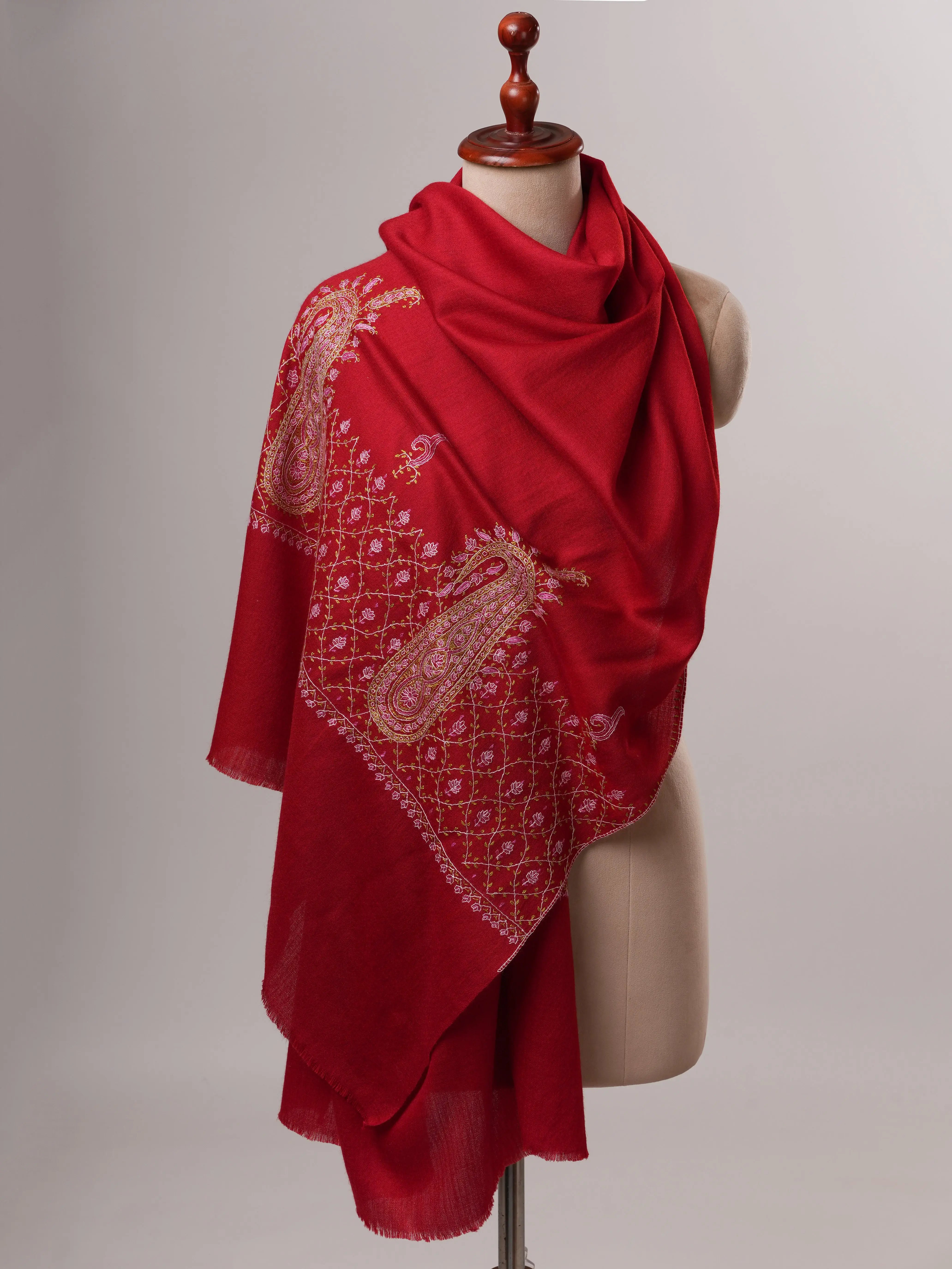 Soft Red Silk Wool Scarf with Palla Embroidery Shahkaar