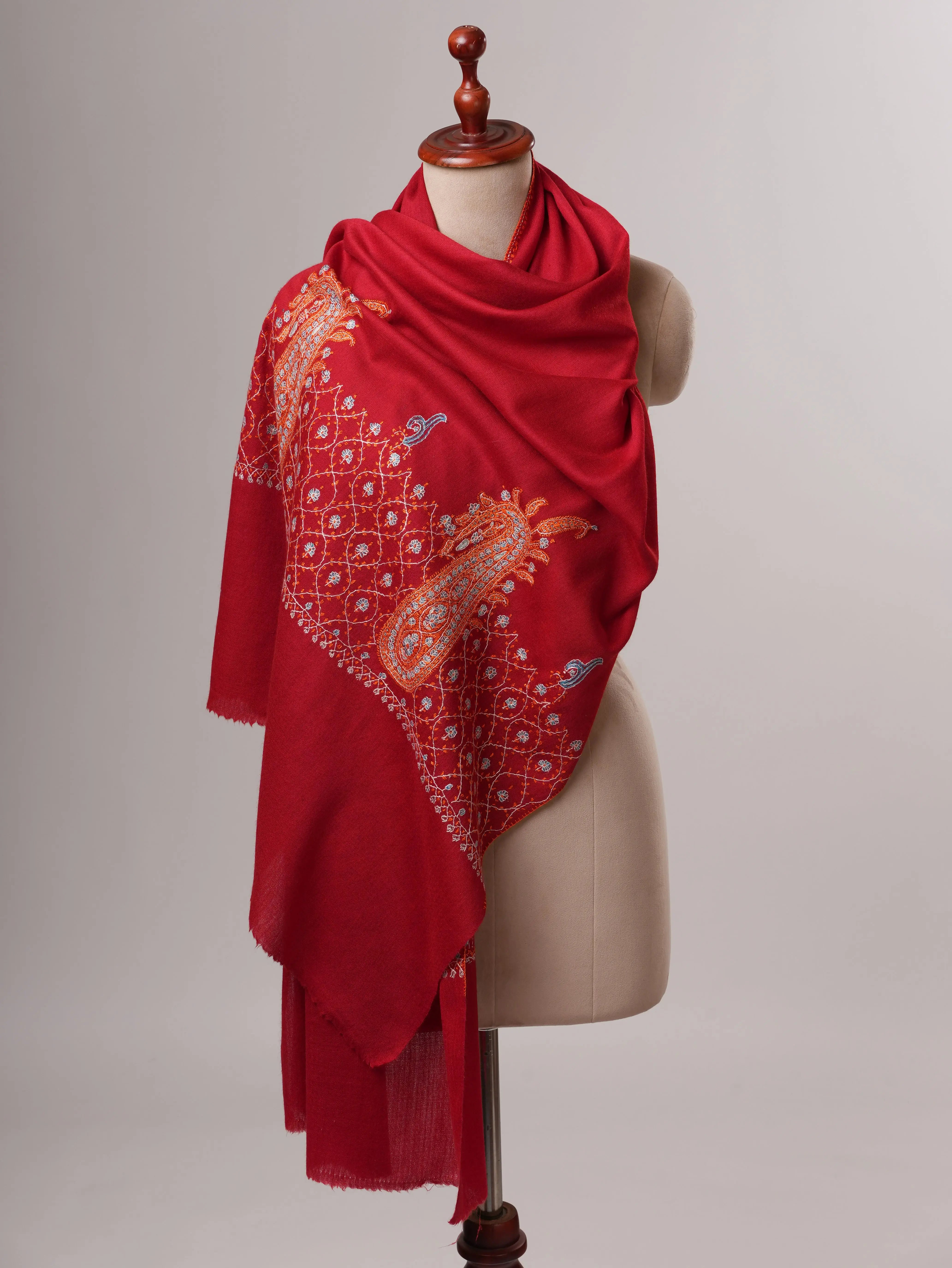 Soft Red Silk Wool Scarf with Traditional Palla Embroidery Shahkaar