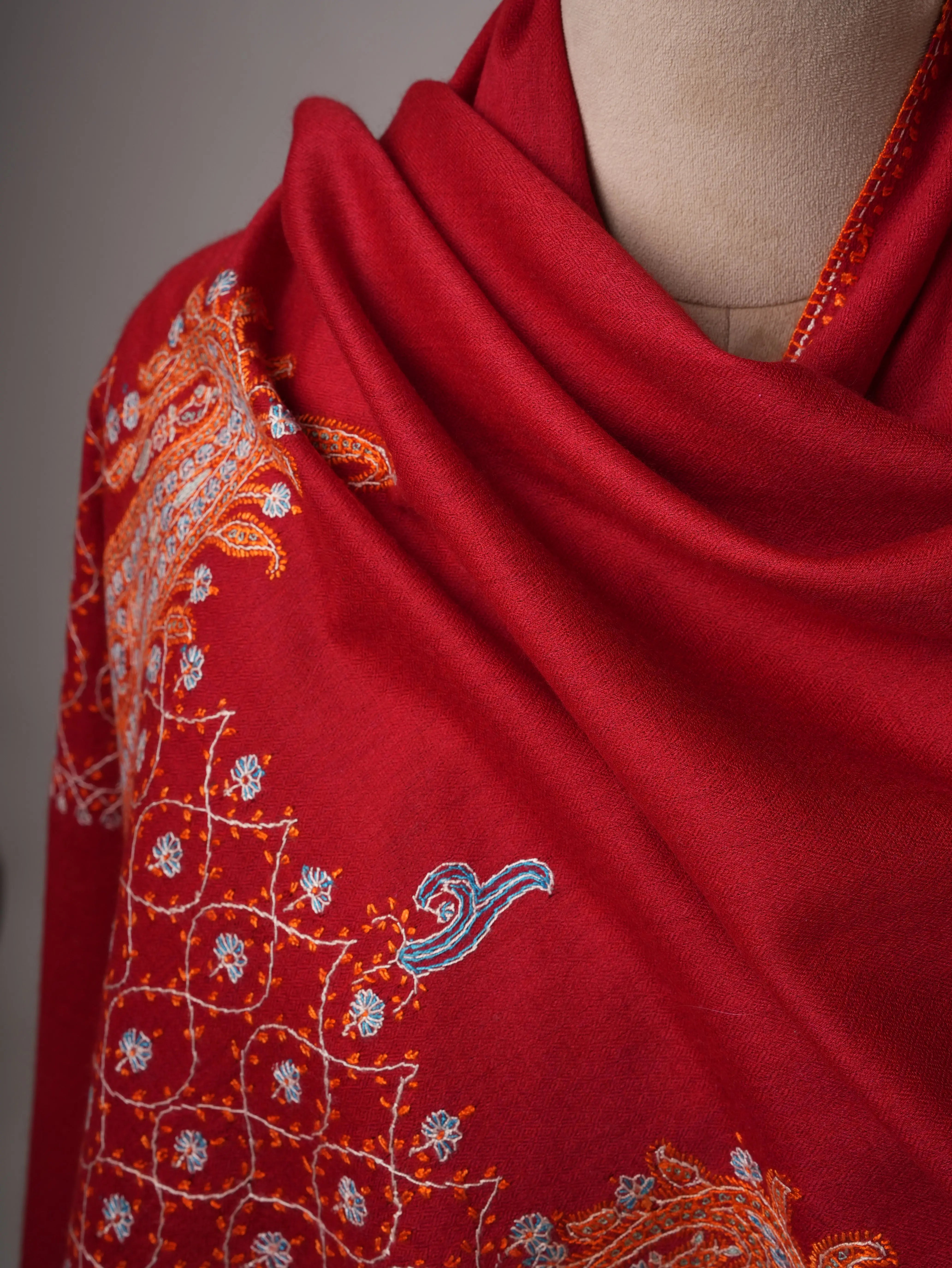 Soft Red Silk Wool Scarf with Traditional Palla Embroidery Shahkaar