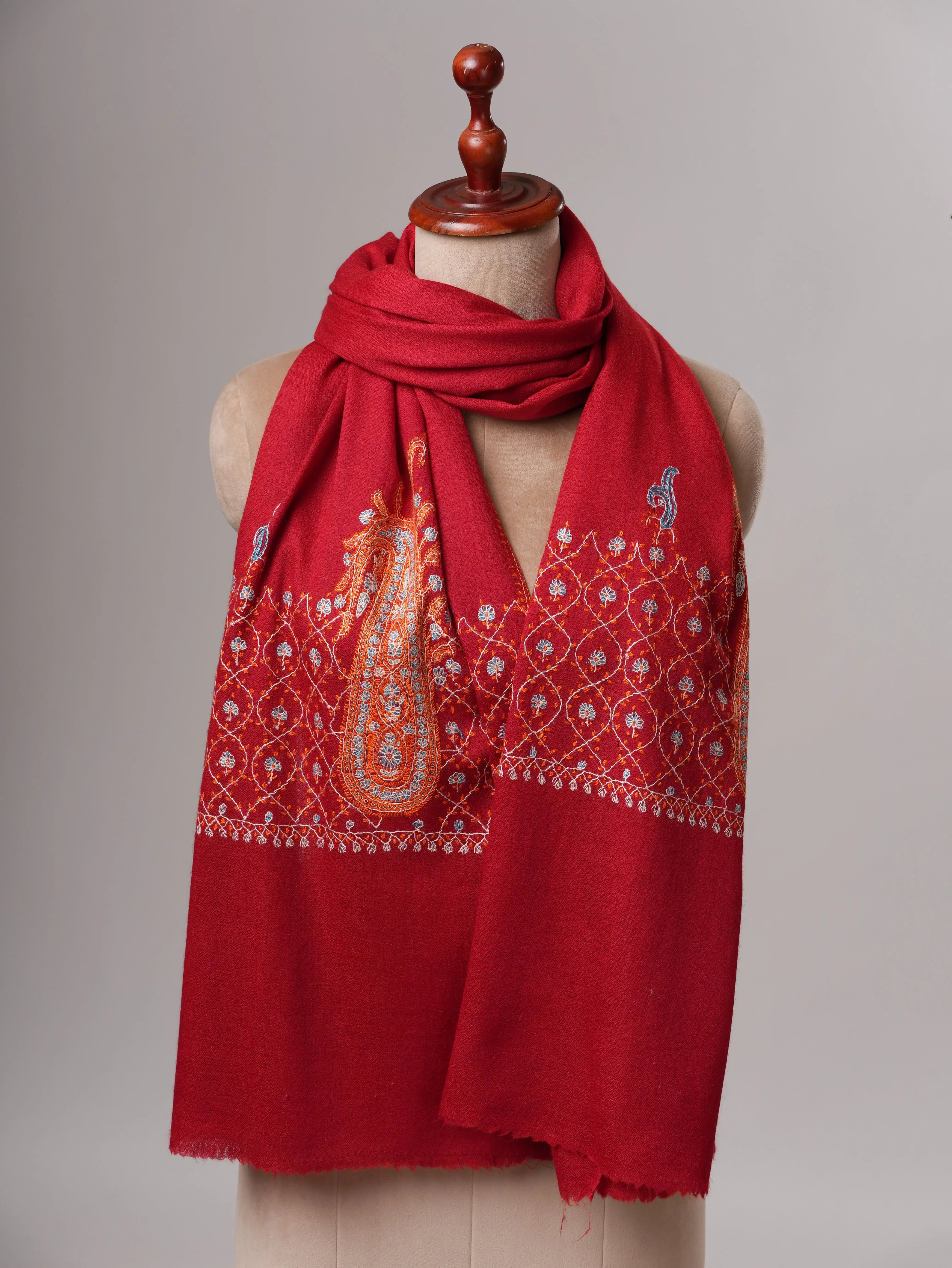 Soft Red Silk Wool Scarf with Traditional Palla Embroidery Shahkaar