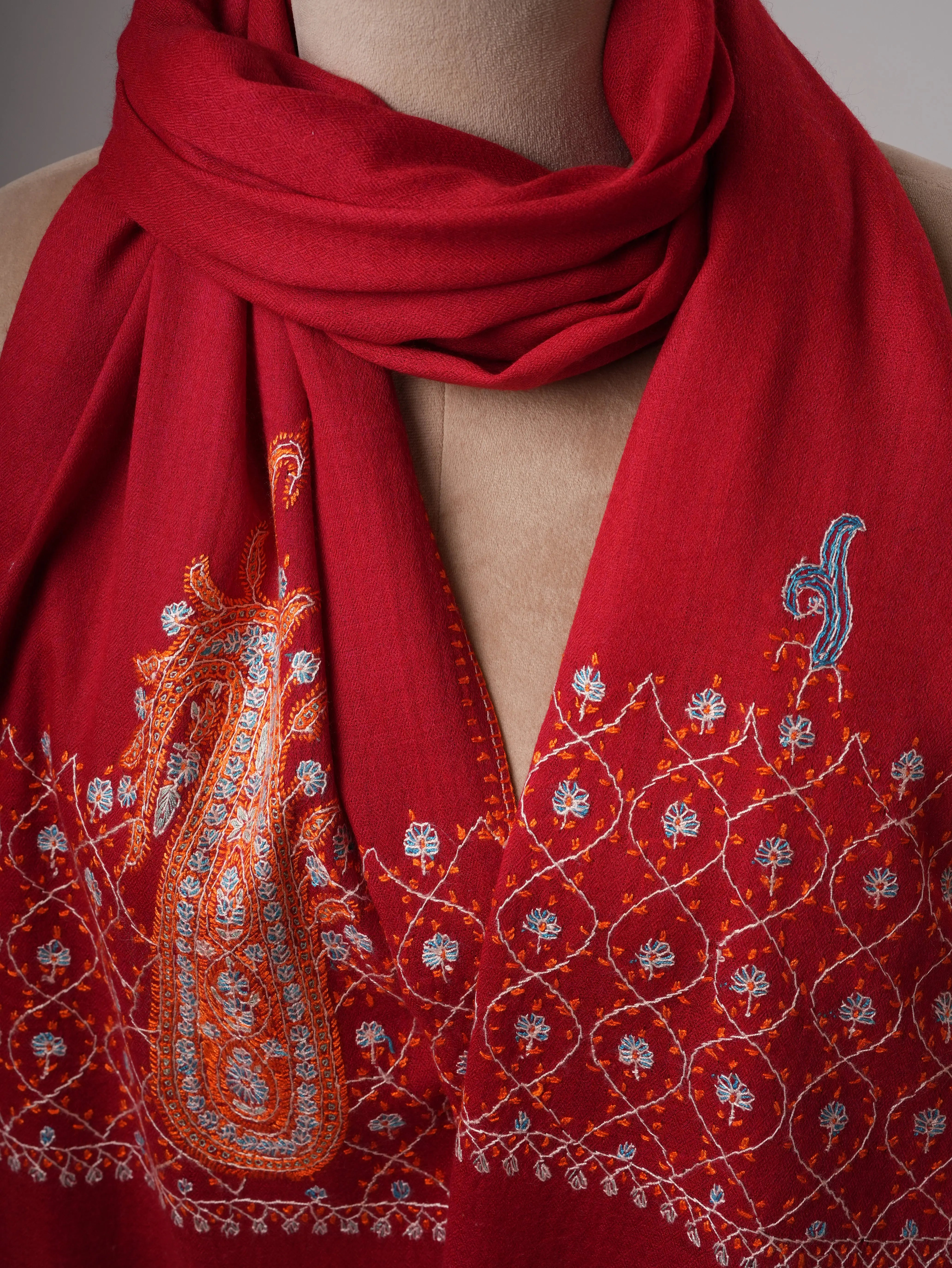 Soft Red Silk Wool Scarf with Traditional Palla Embroidery Shahkaar