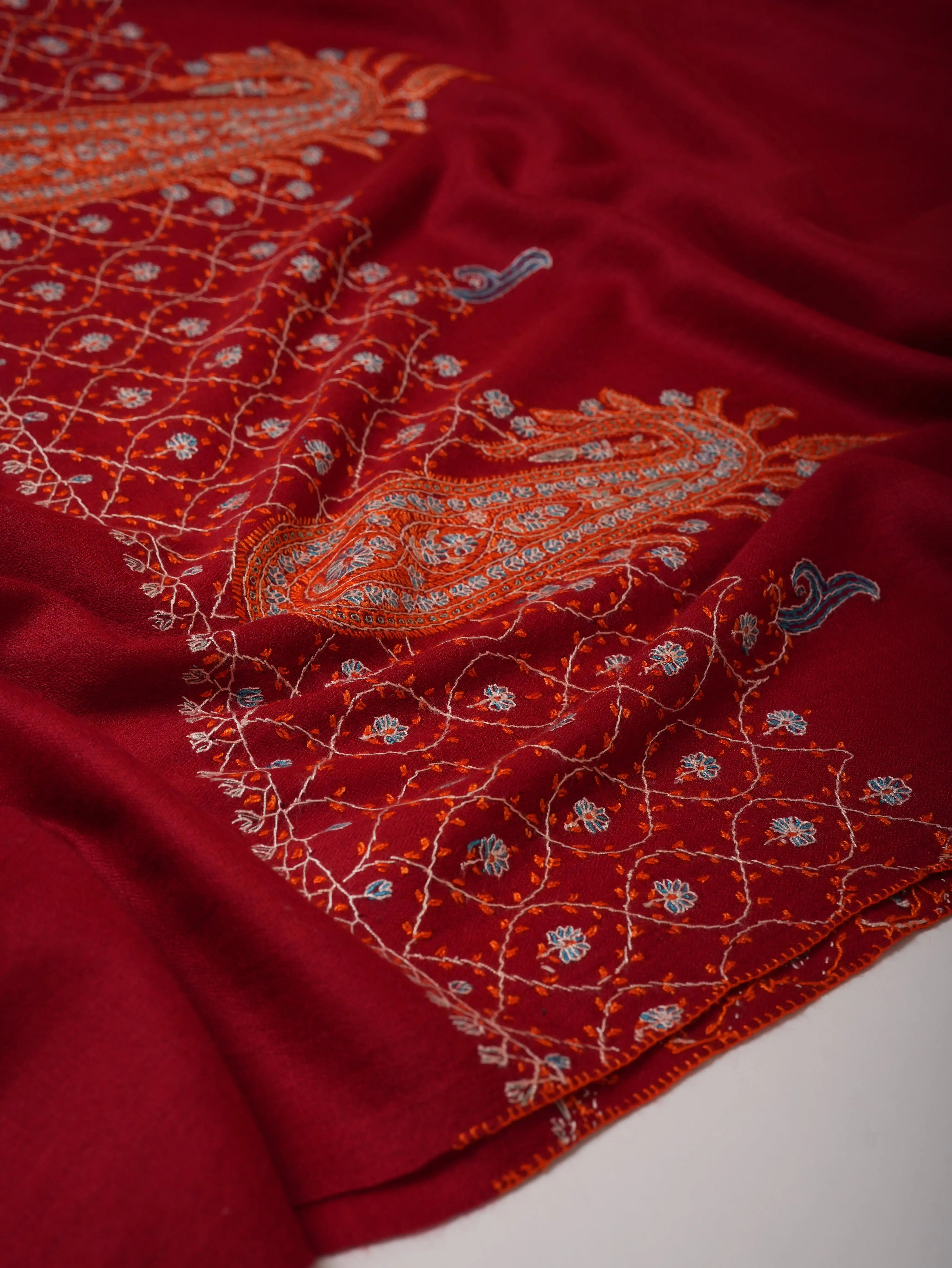 Soft Red Silk Wool Scarf with Traditional Palla Embroidery Shahkaar