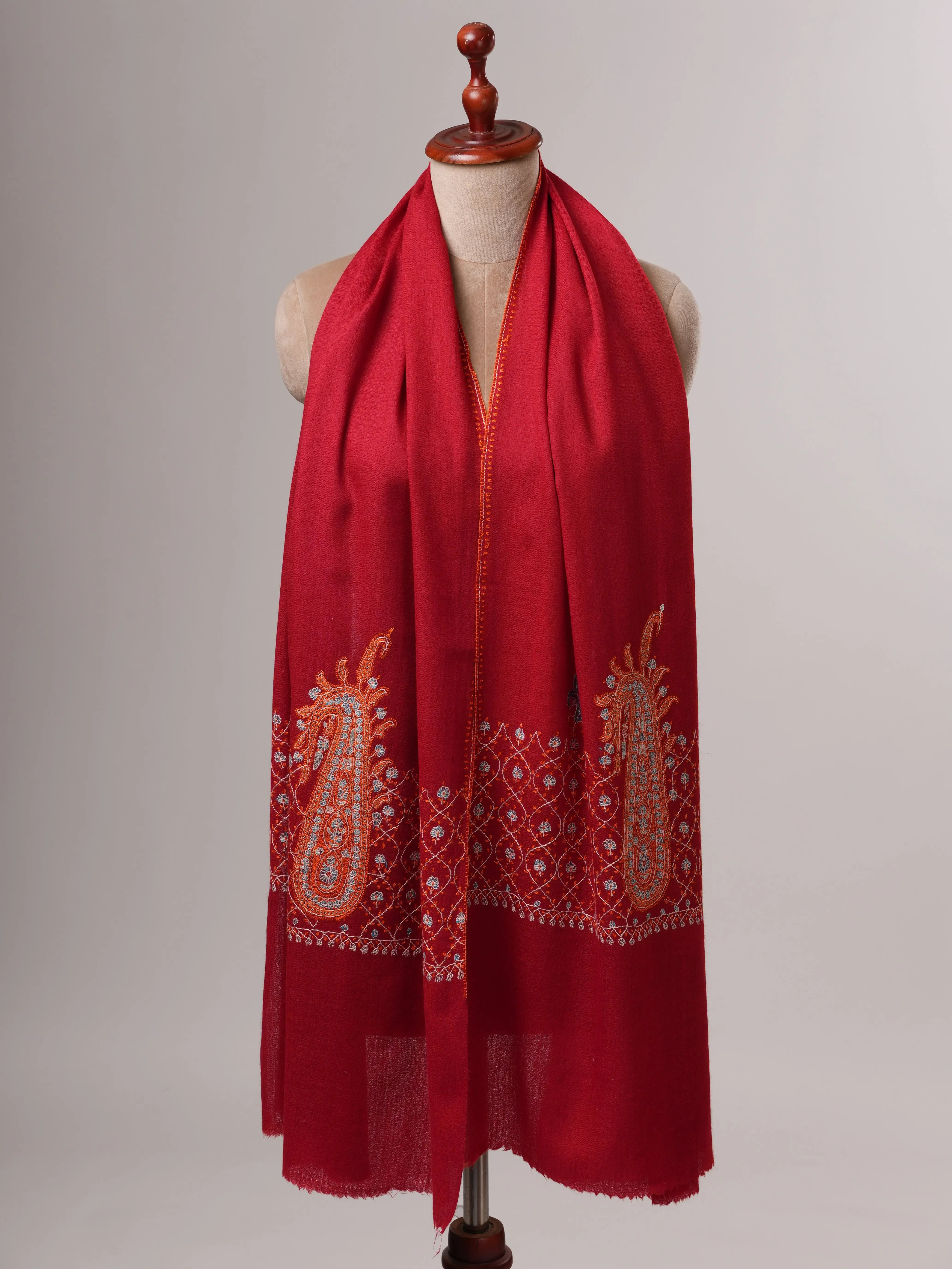 Soft Red Silk Wool Scarf with Traditional Palla Embroidery Shahkaar