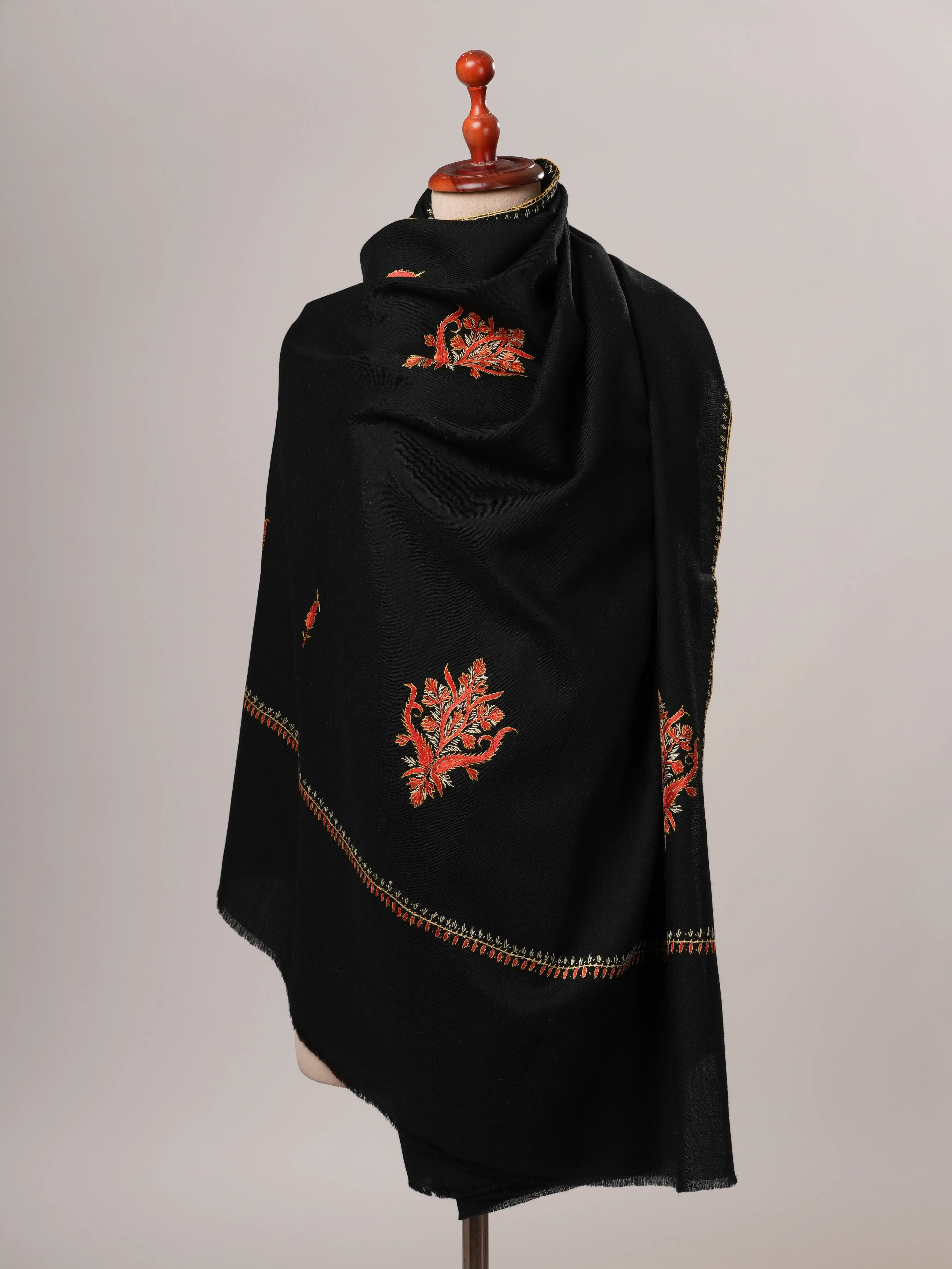 Black Aksi Hand Embroidered Fine Wool Shawl Shahkaar
