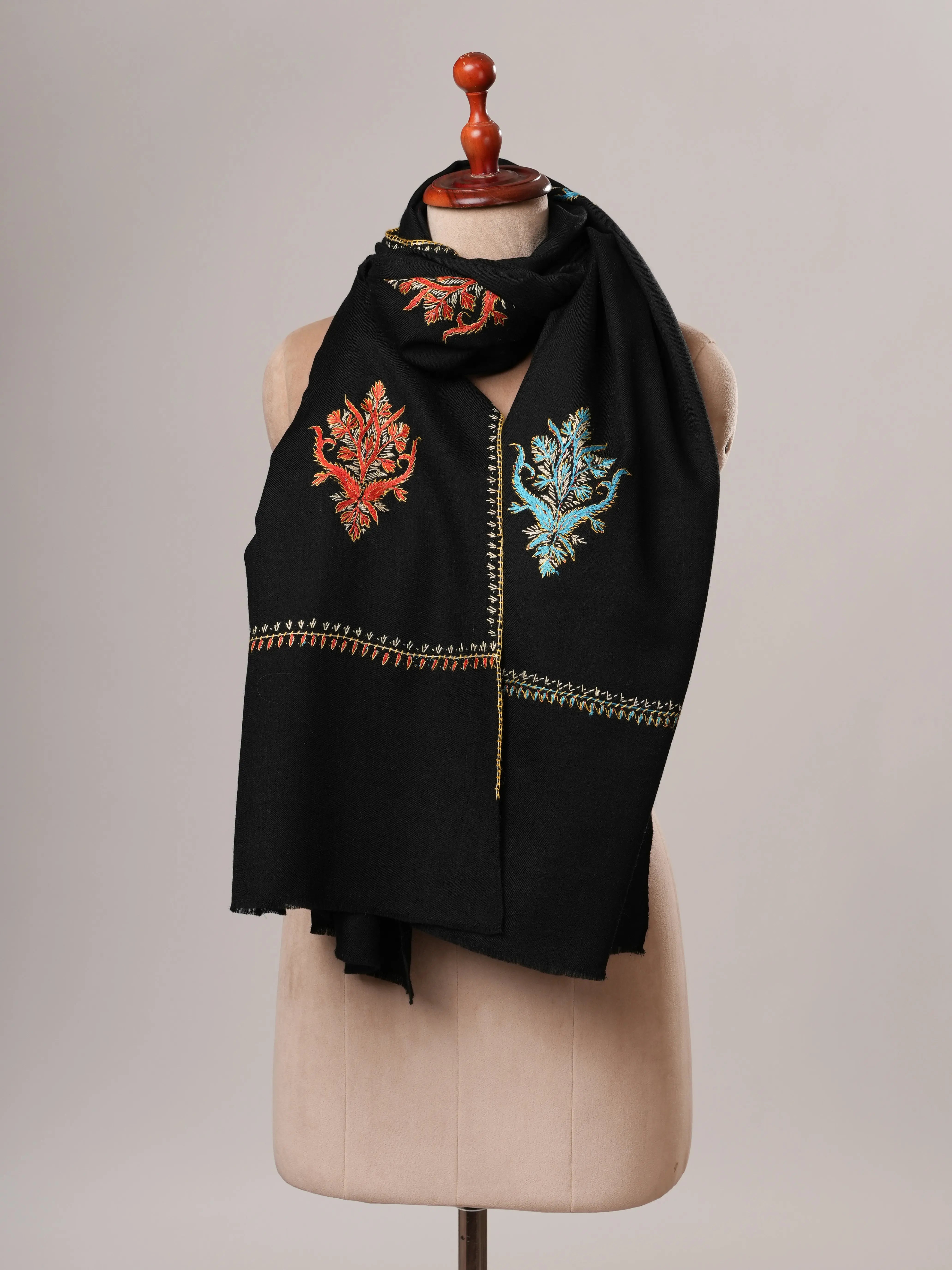 Black Aksi Hand Embroidered Fine Wool Shawl Shahkaar