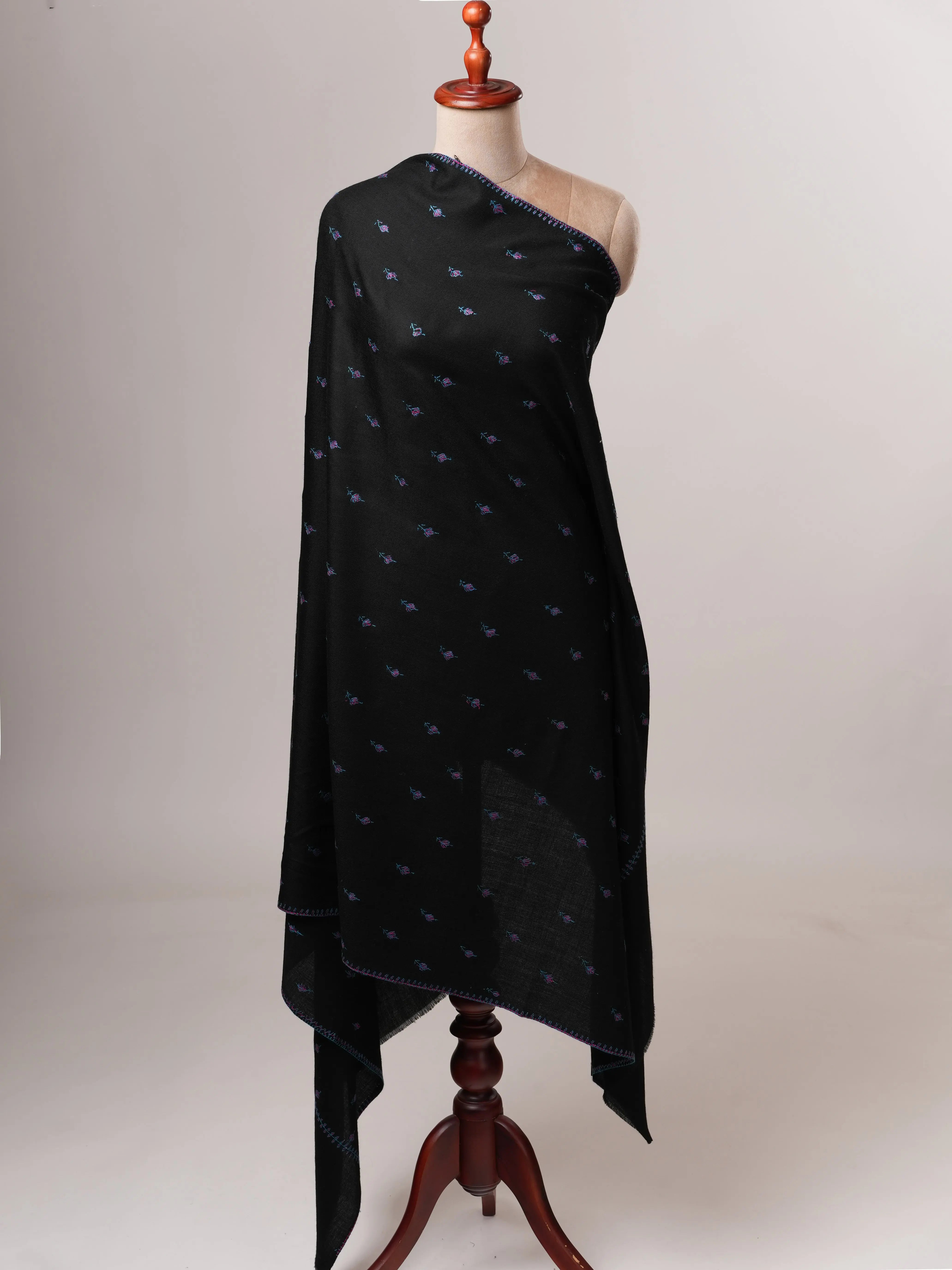 Black Fine Wool Shawl Featuring Traditional Machie Booti Embroidery Shahkaar