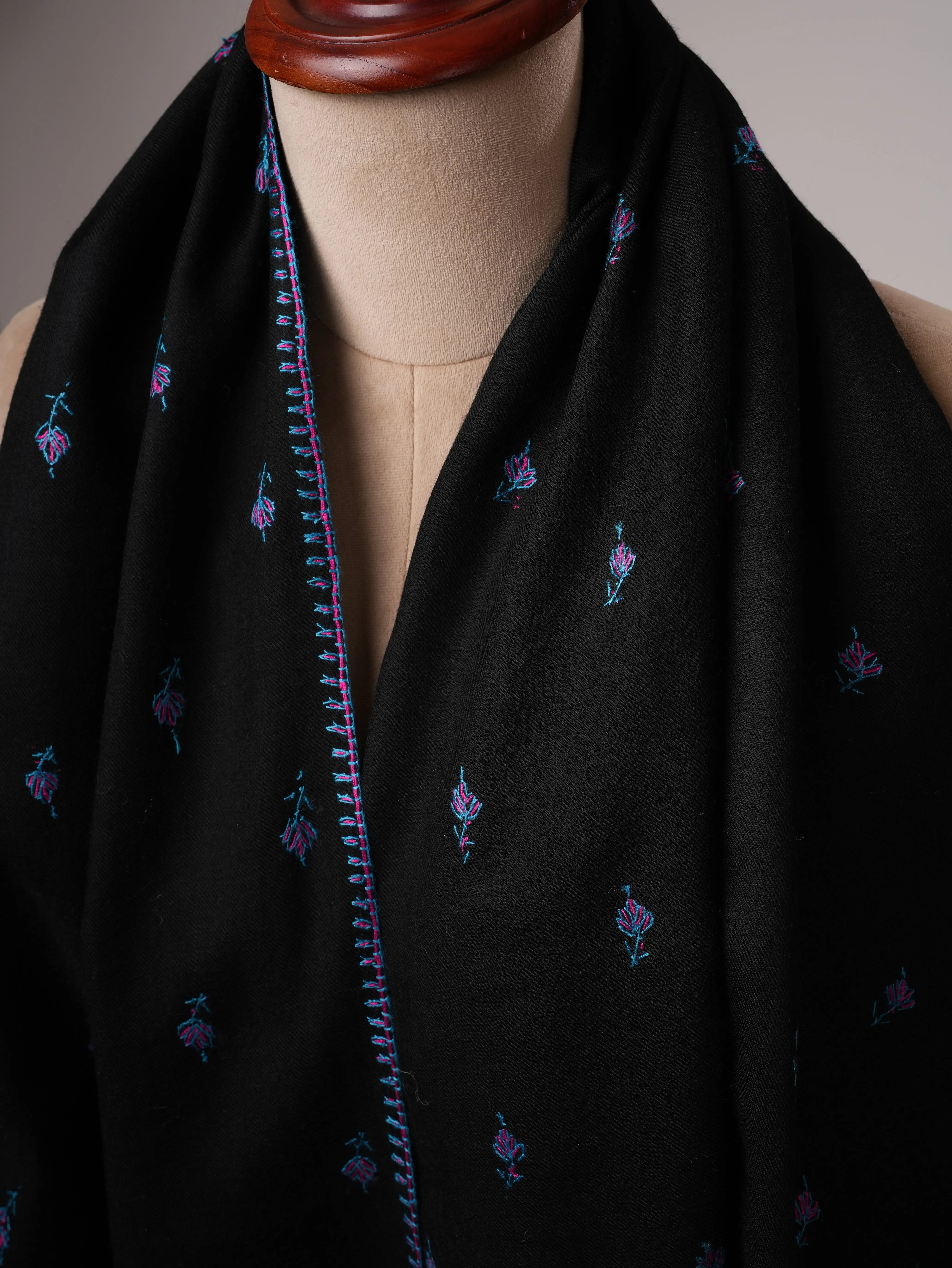 Black Fine Wool Shawl Featuring Traditional Machie Booti Embroidery Shahkaar