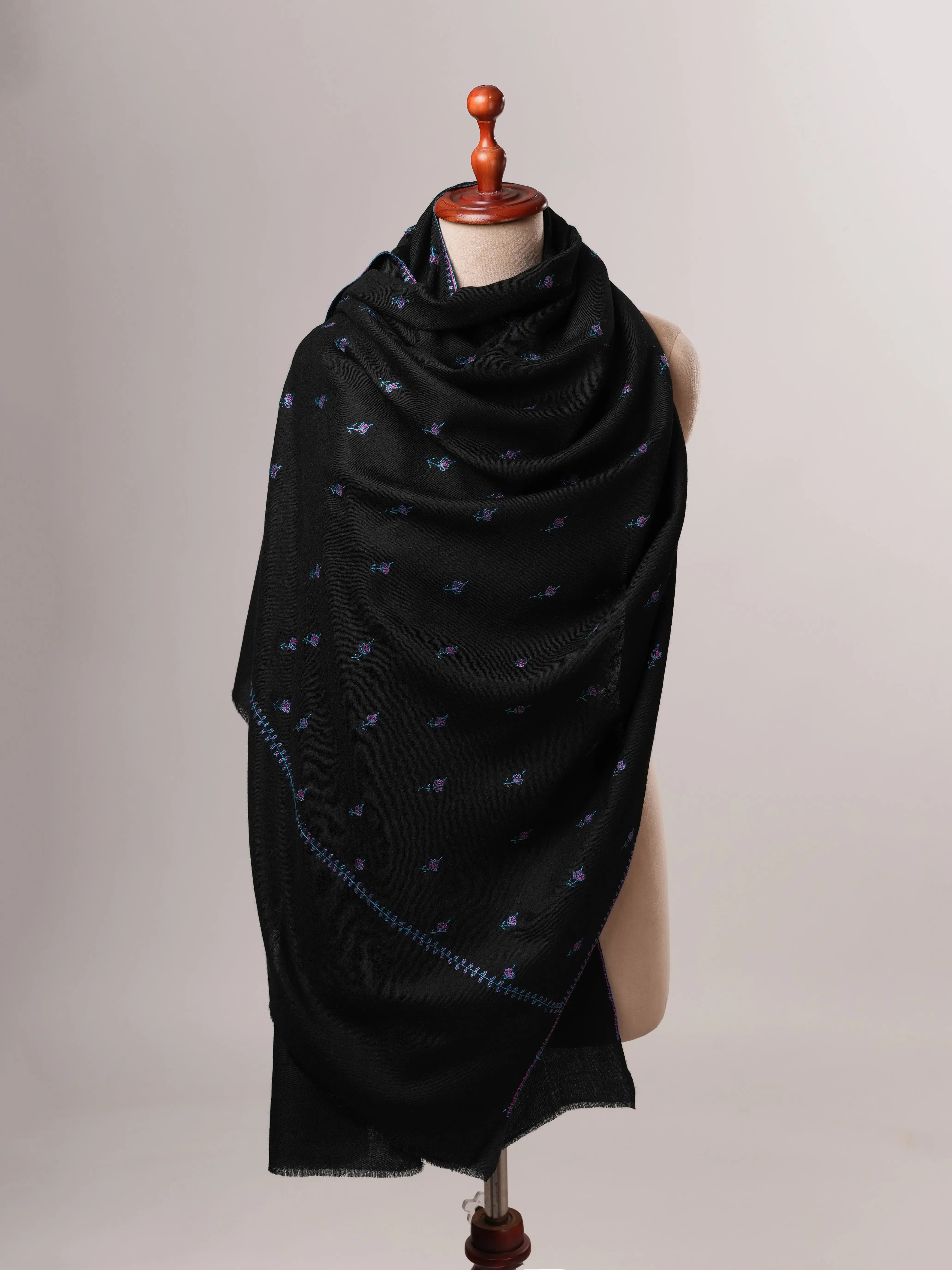 Black Fine Wool Shawl Featuring Traditional Machie Booti Embroidery Shahkaar