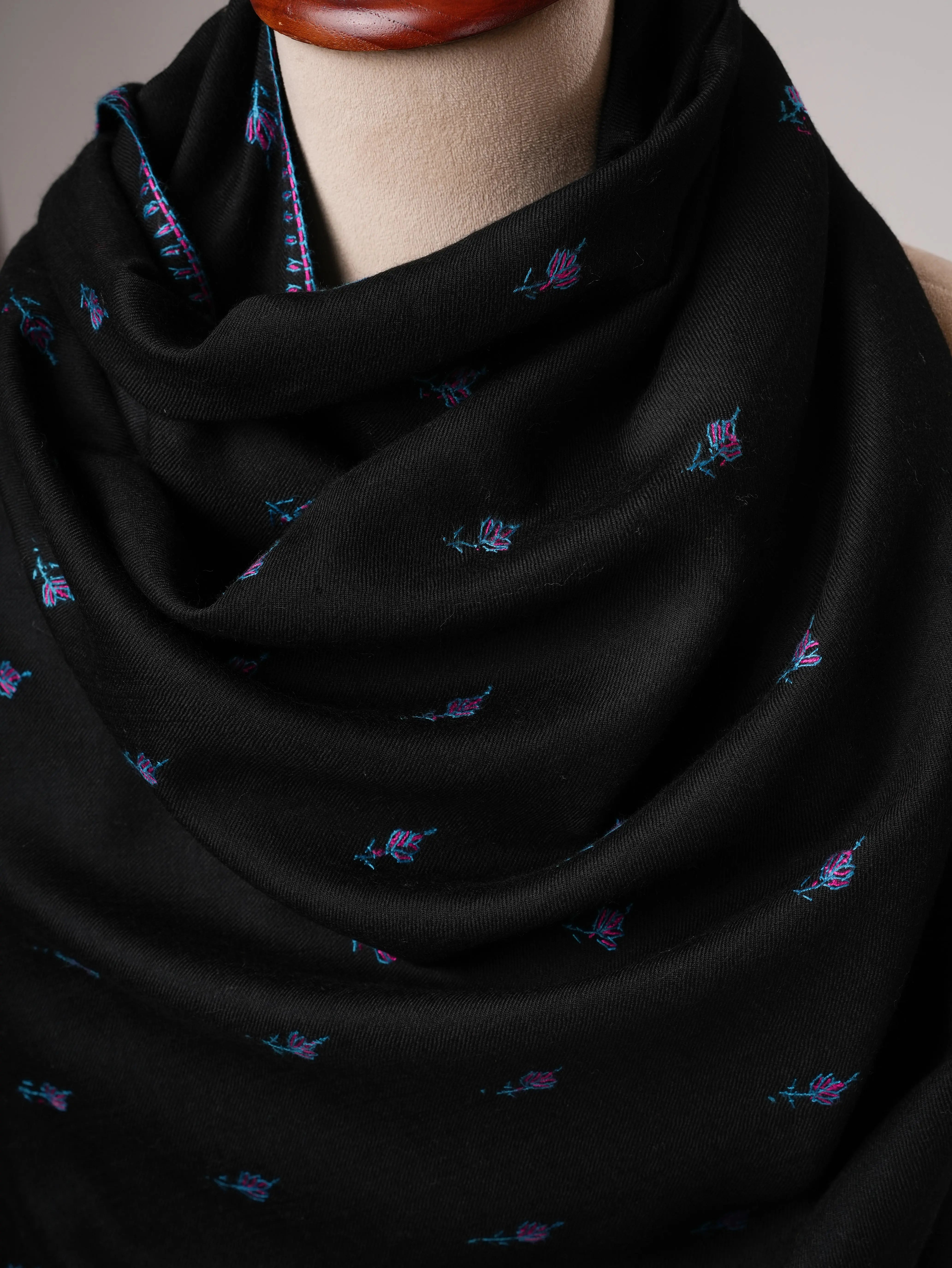 Black Fine Wool Shawl Featuring Traditional Machie Booti Embroidery Shahkaar