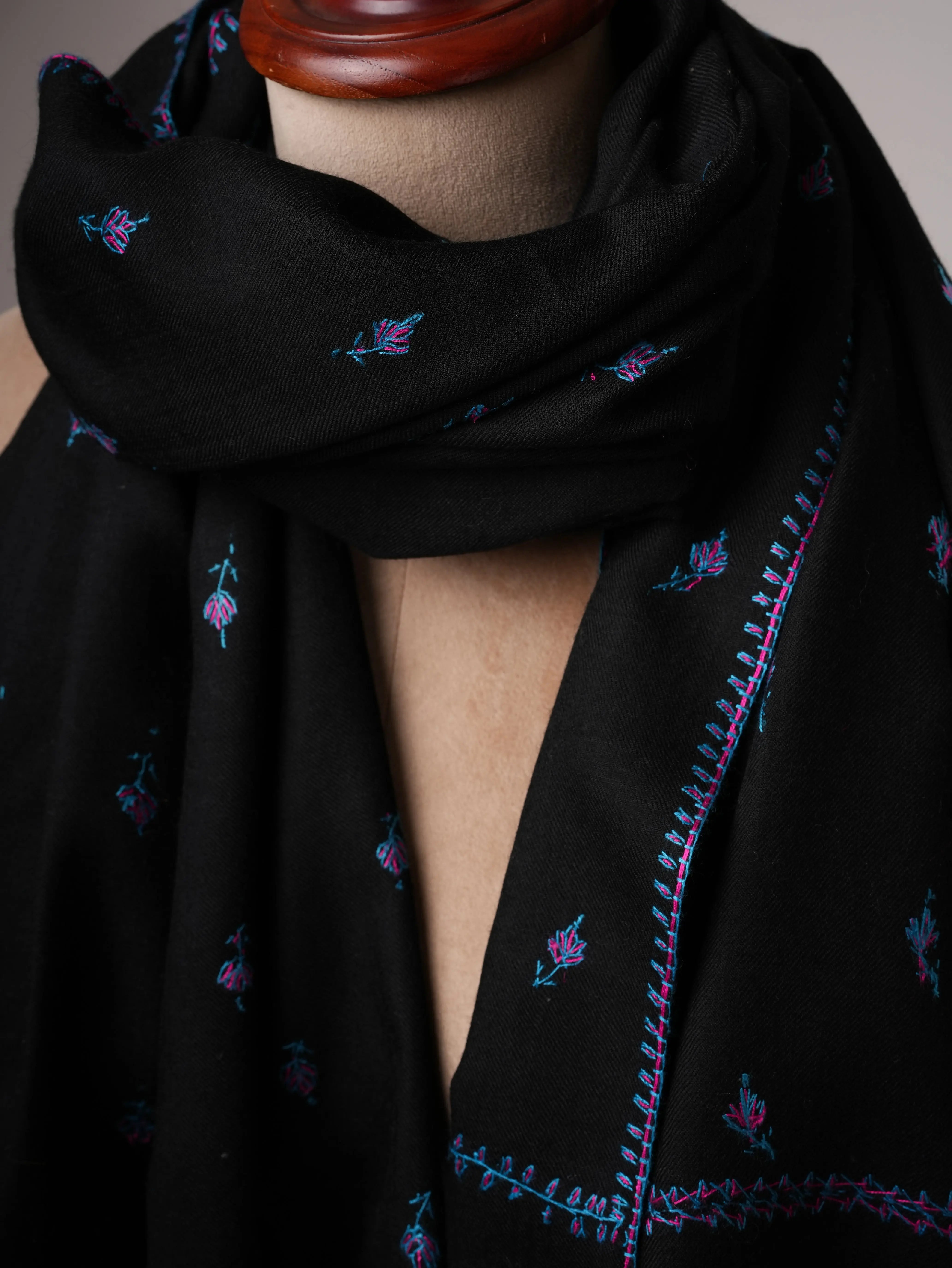 Black Fine Wool Shawl Featuring Traditional Machie Booti Embroidery Shahkaar