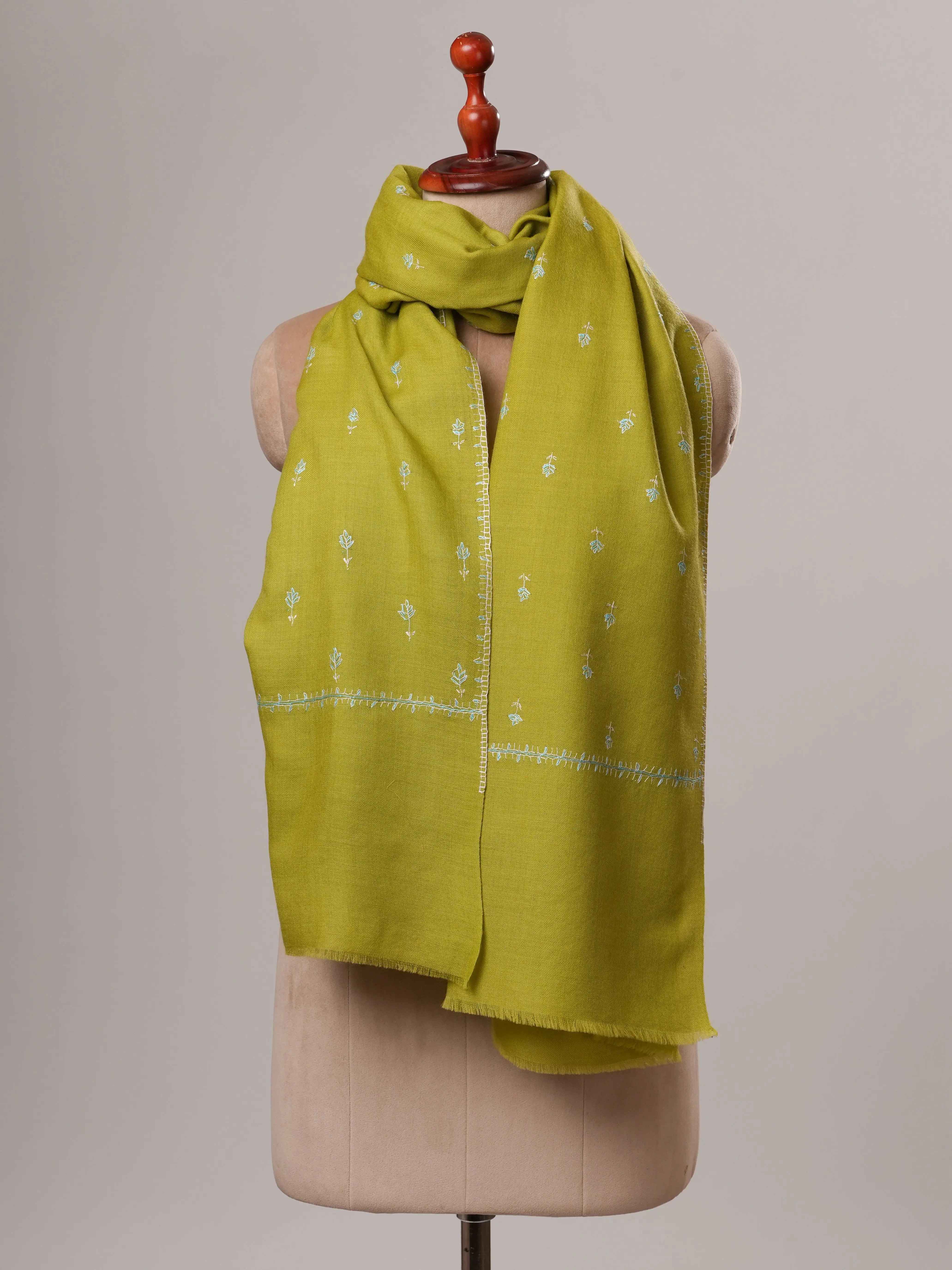 Chartreuse Hand Embroidered Machie Booti Fine Wool Shawl Shahkaar