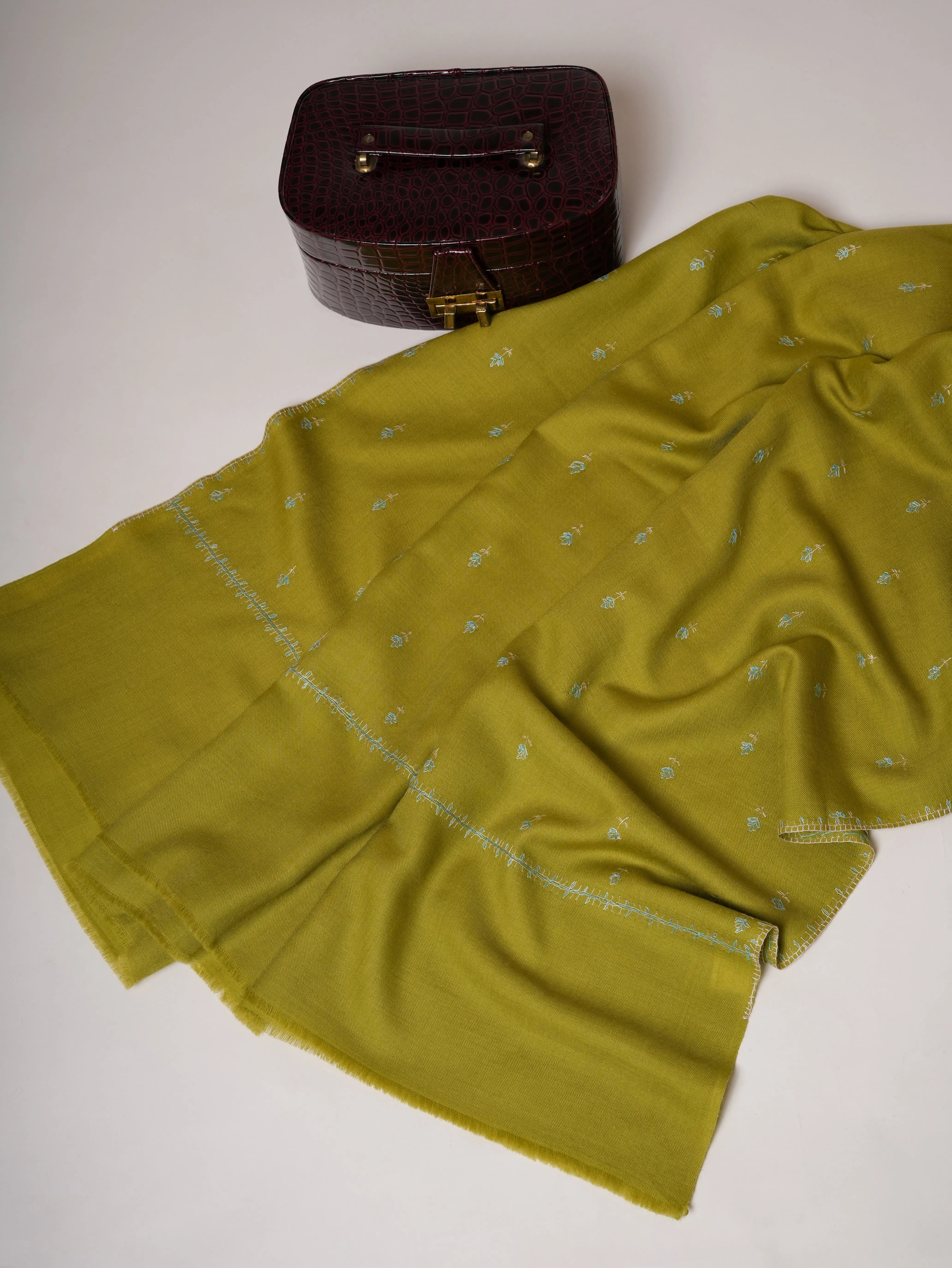 Chartreuse Hand Embroidered Machie Booti Fine Wool Shawl Shahkaar