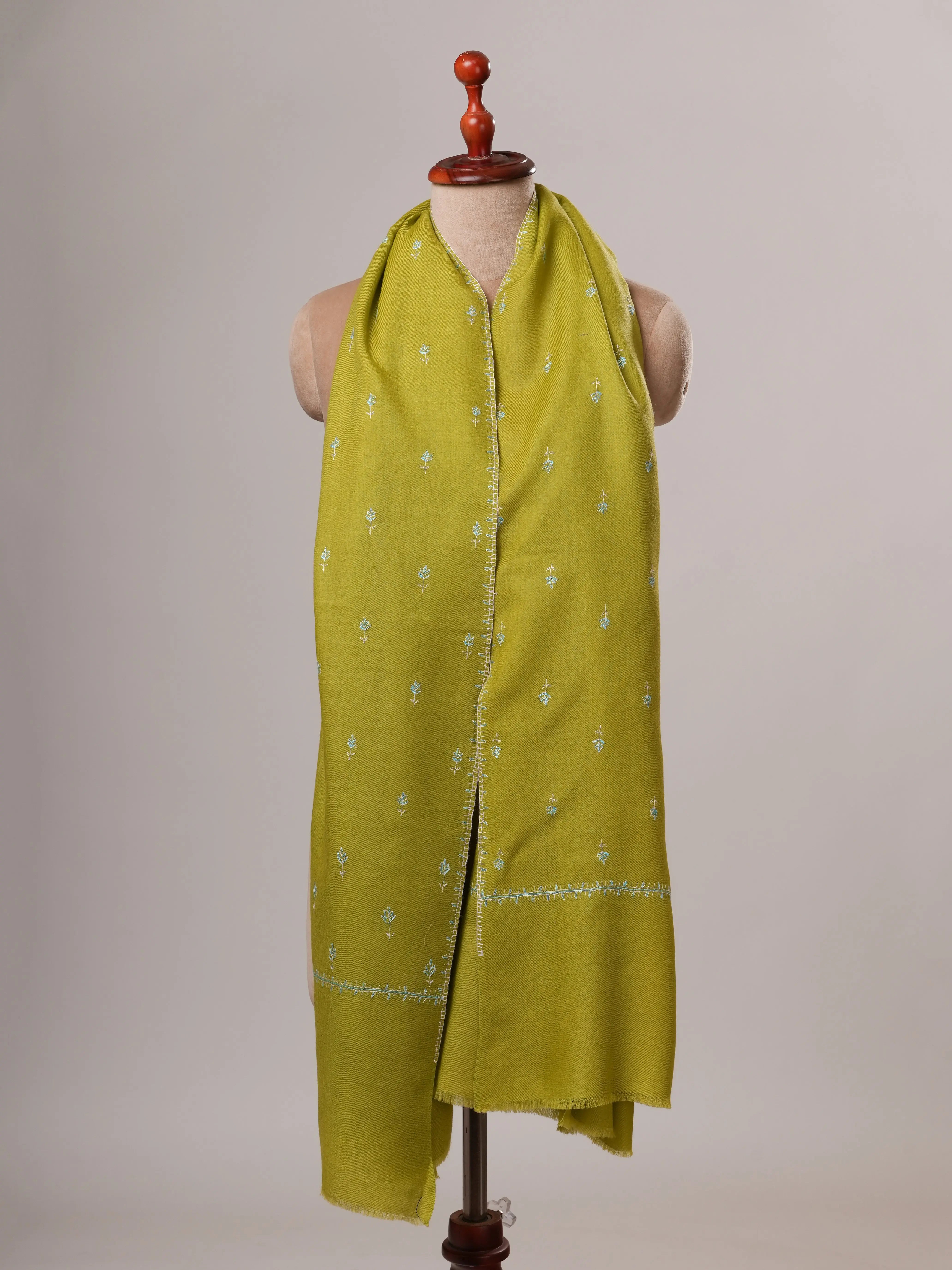 Chartreuse Hand Embroidered Machie Booti Fine Wool Shawl Shahkaar