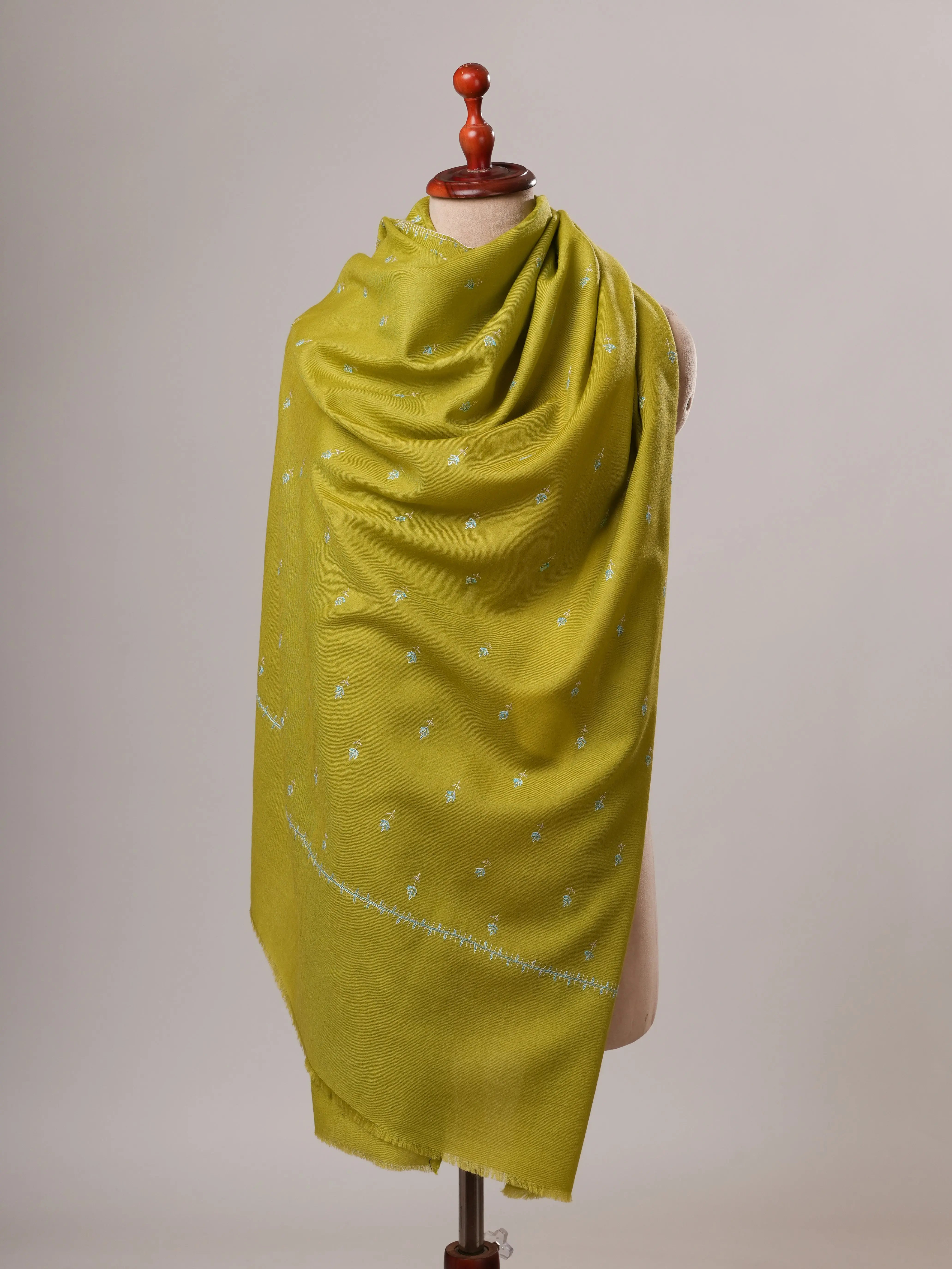 Chartreuse Hand Embroidered Machie Booti Fine Wool Shawl Shahkaar