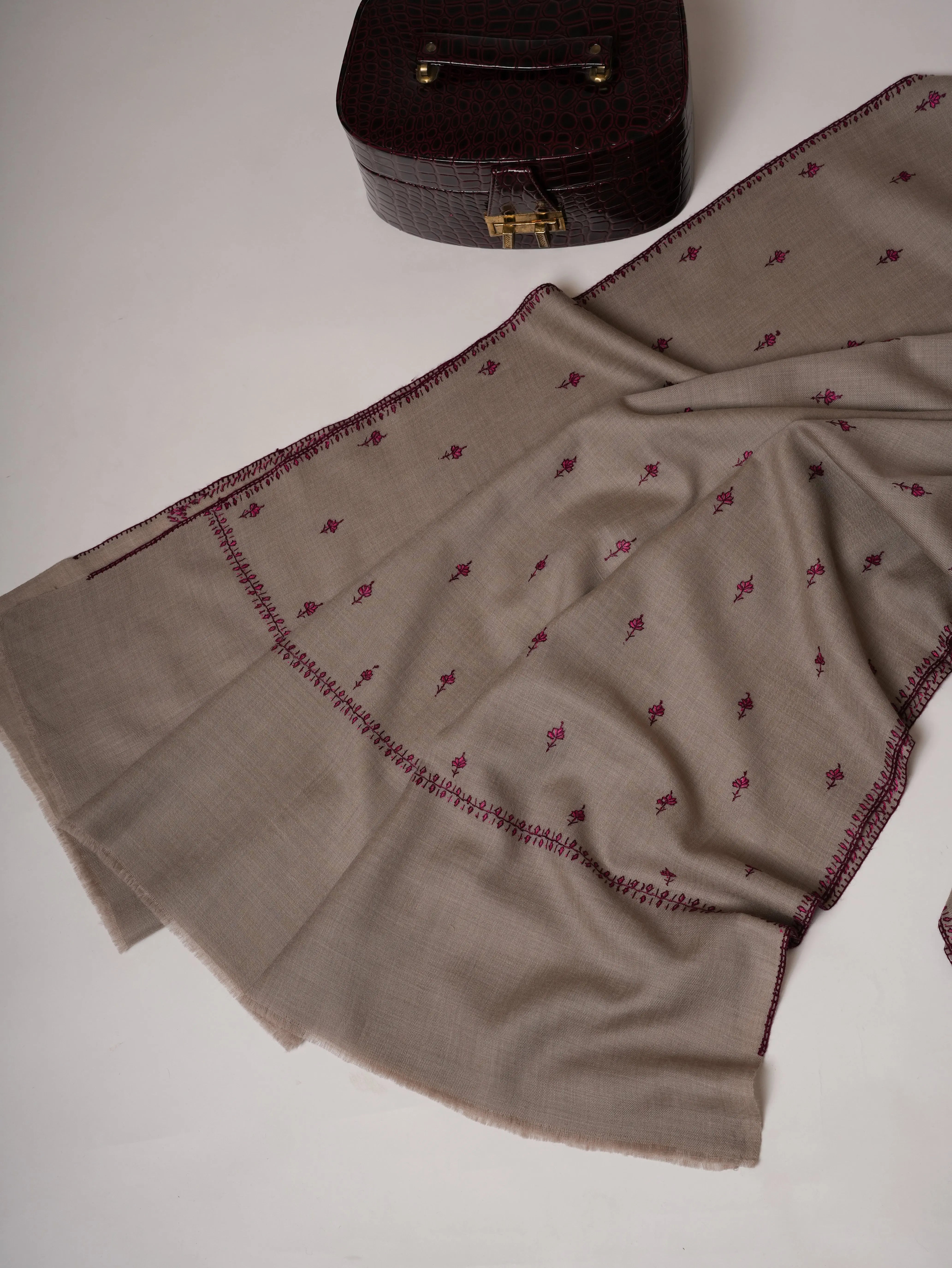 Grey Machie Booti Hand Embroidered Fine Wool Shawl Shahkaar