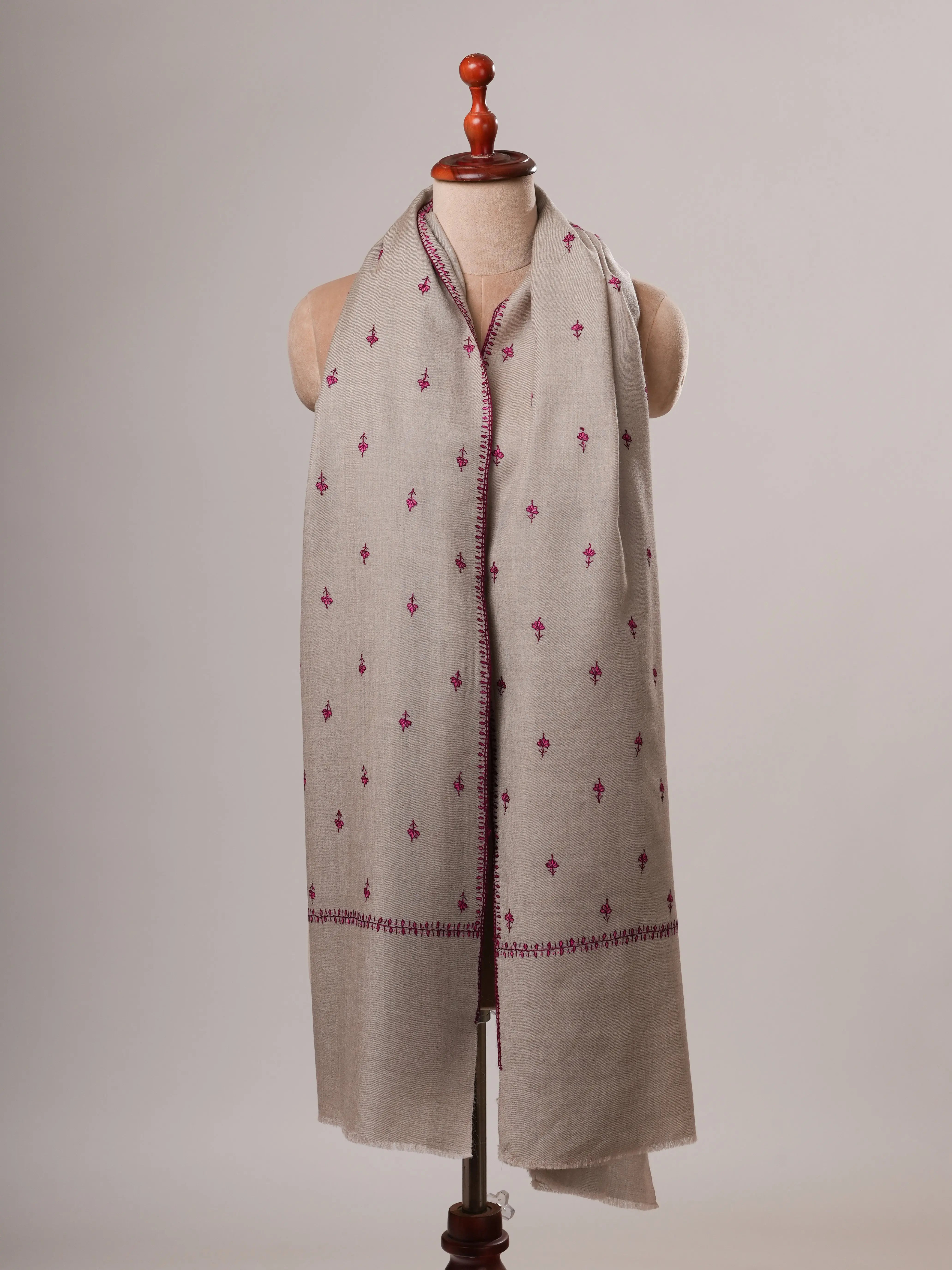 Grey Machie Booti Hand Embroidered Fine Wool Shawl Shahkaar
