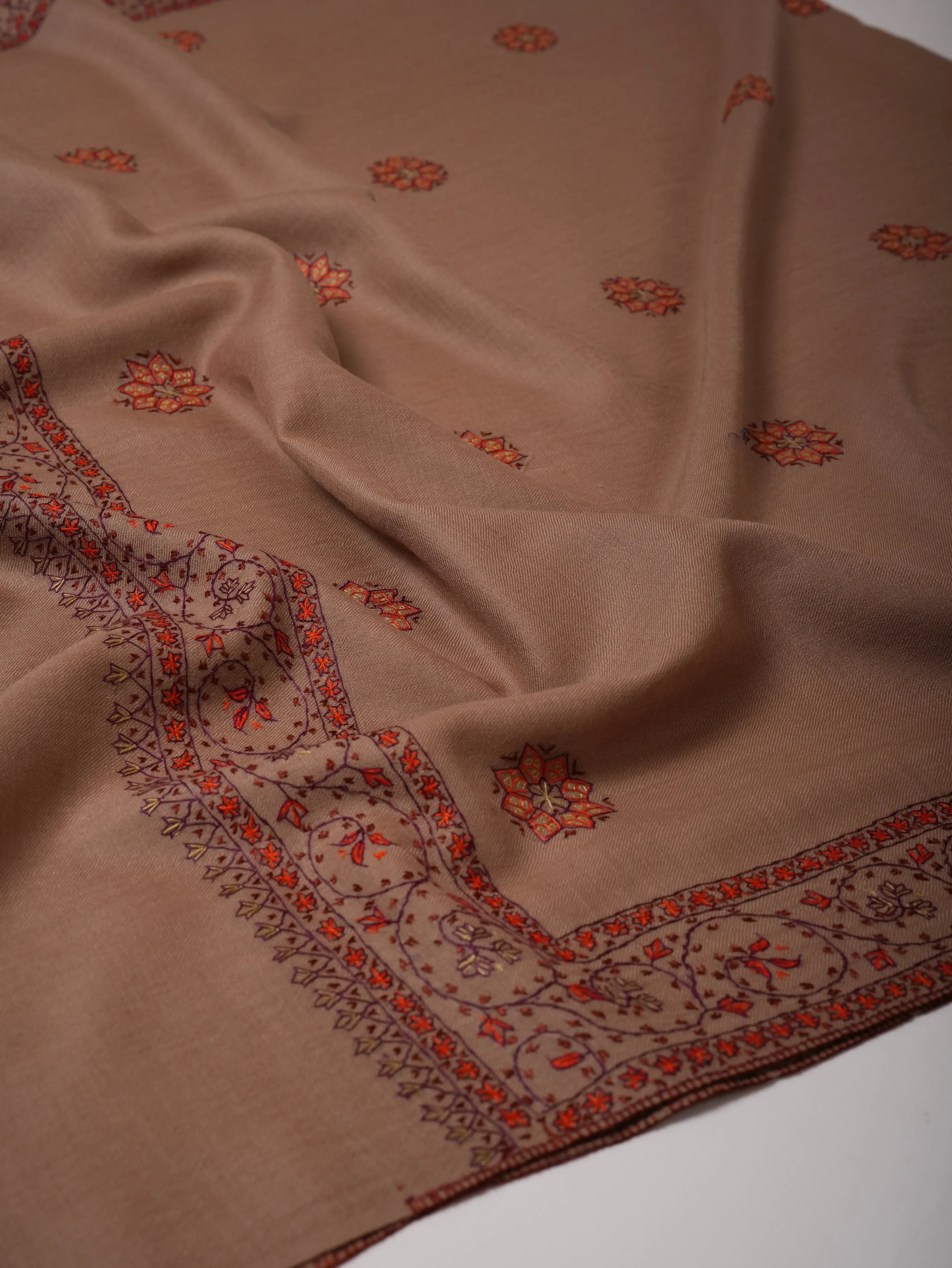 Beige Fine Wool Shawl with Delicate Hand Embroidery Shahkaar