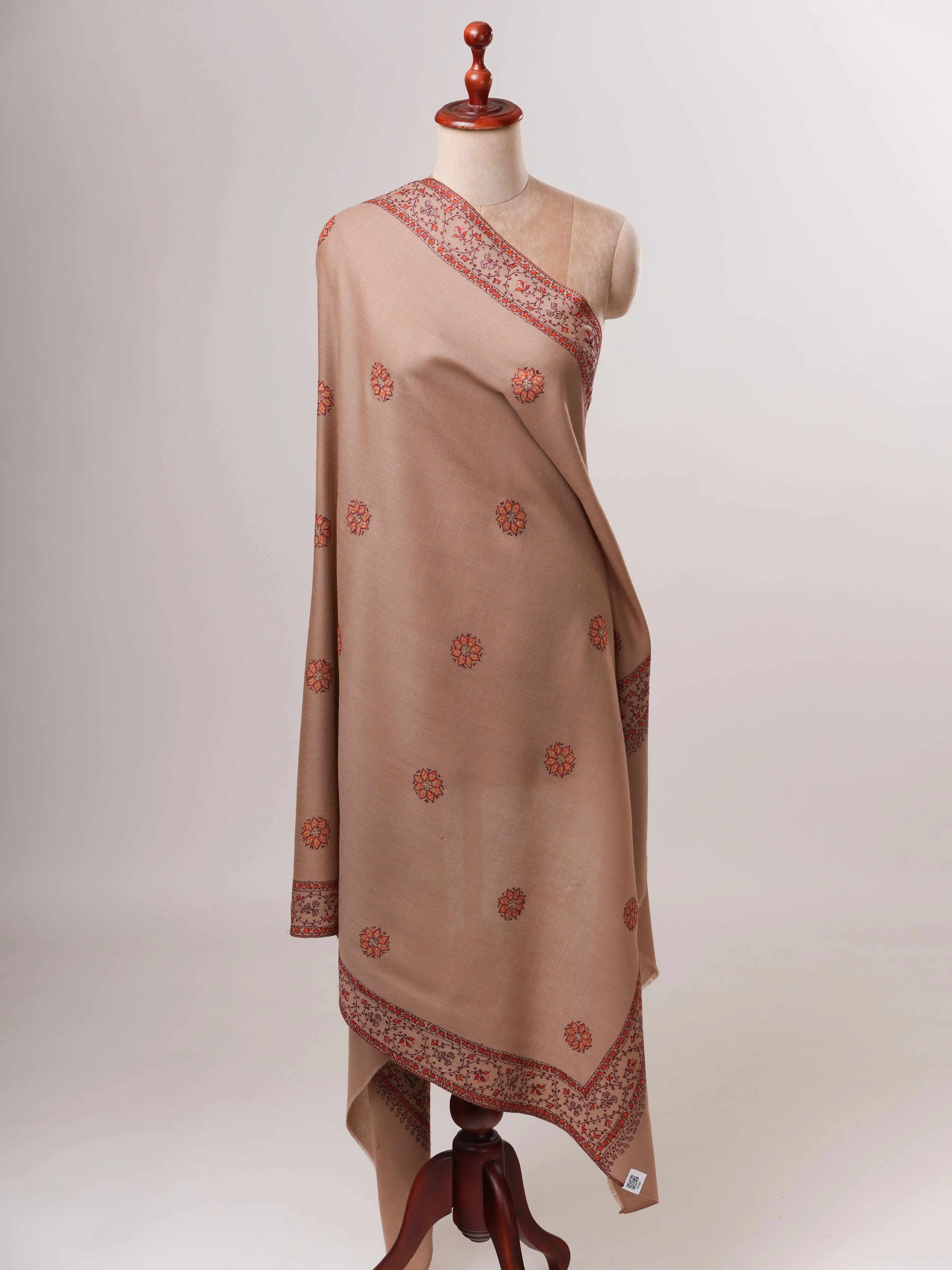 Beige Fine Wool Shawl with Delicate Hand Embroidery Shahkaar