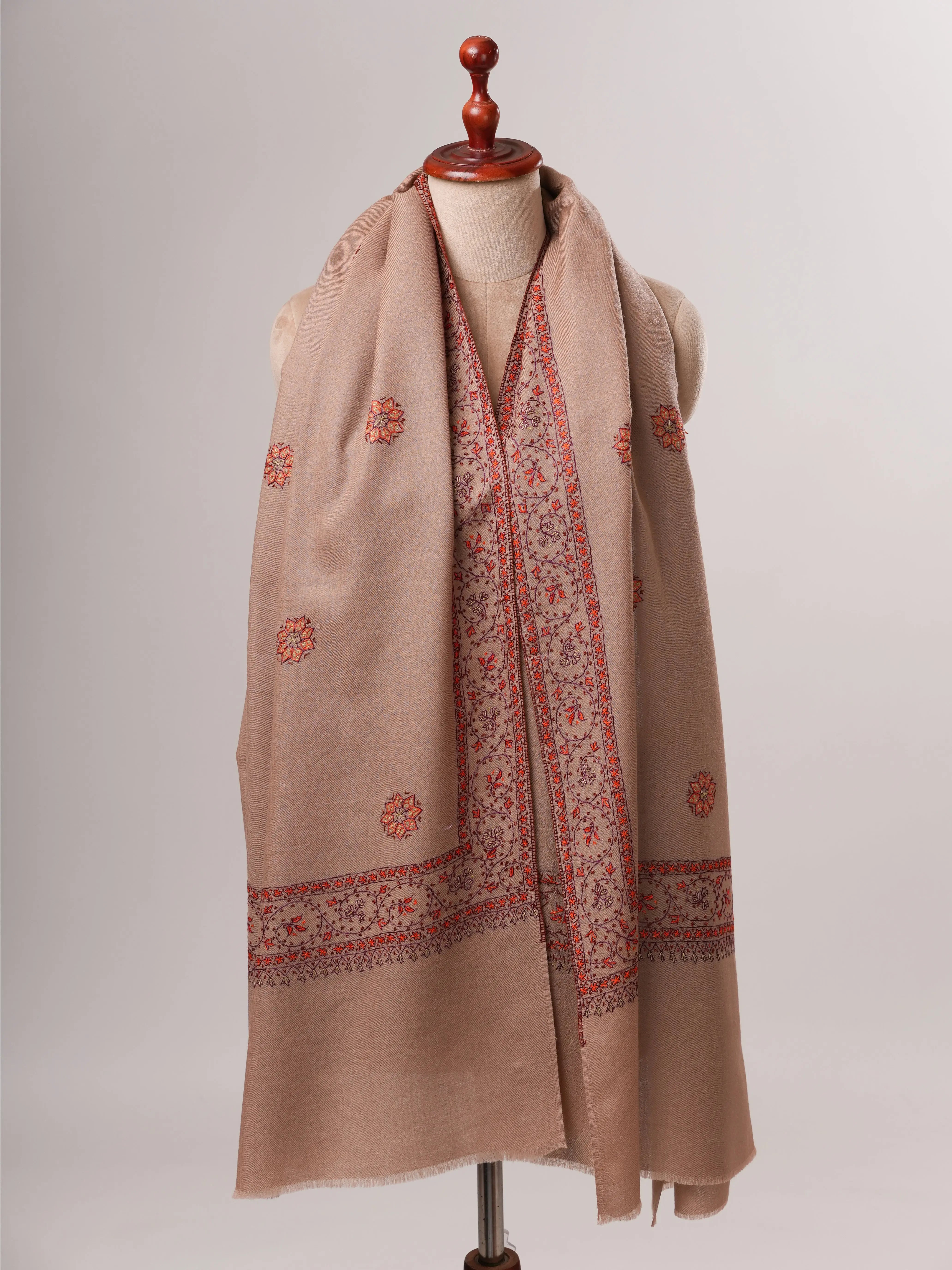 Beige Fine Wool Shawl with Delicate Hand Embroidery Shahkaar