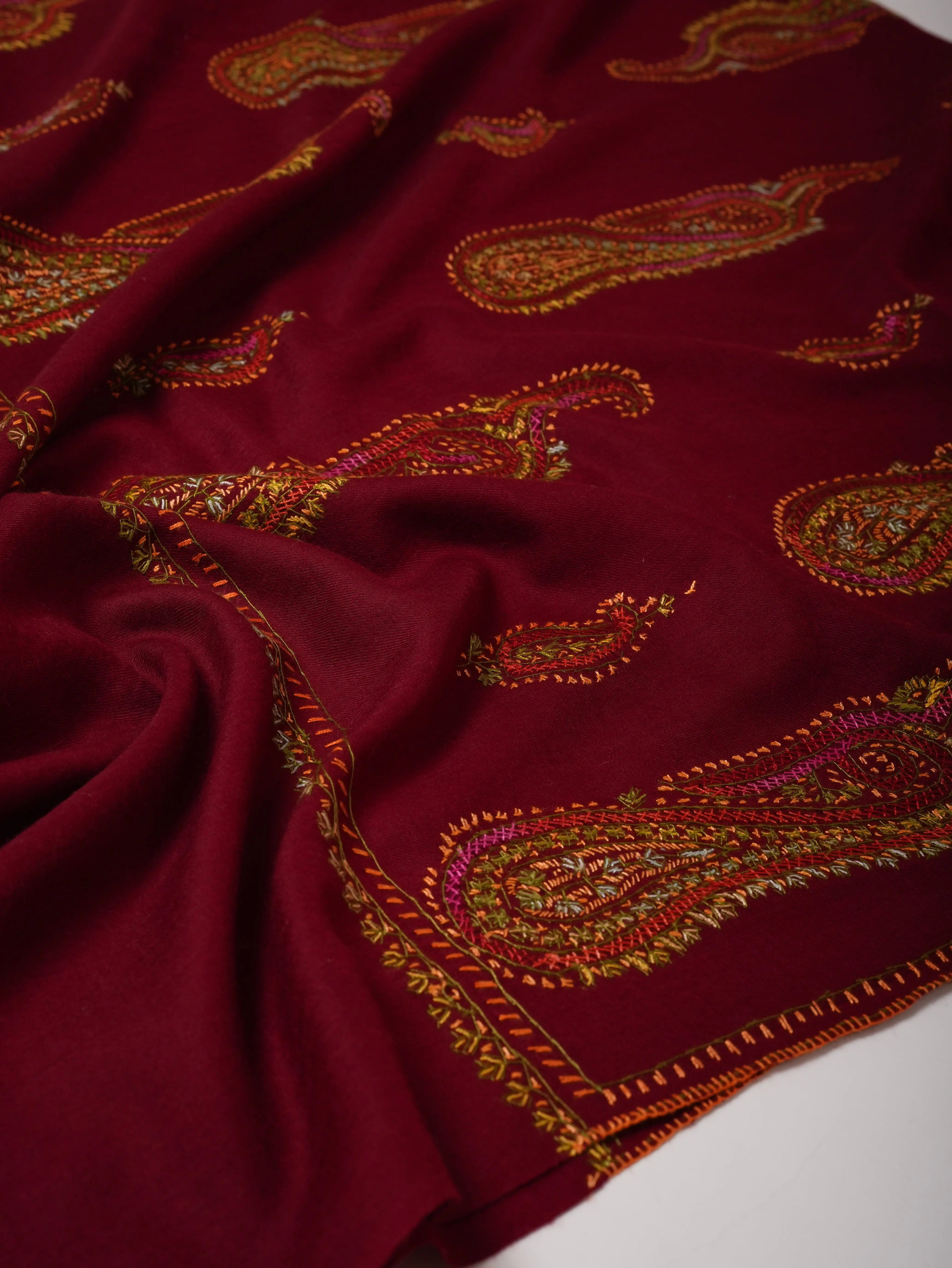 Handcrafted Maroon Fine Wool Shawl with Paisley Embroidery Shahkaar