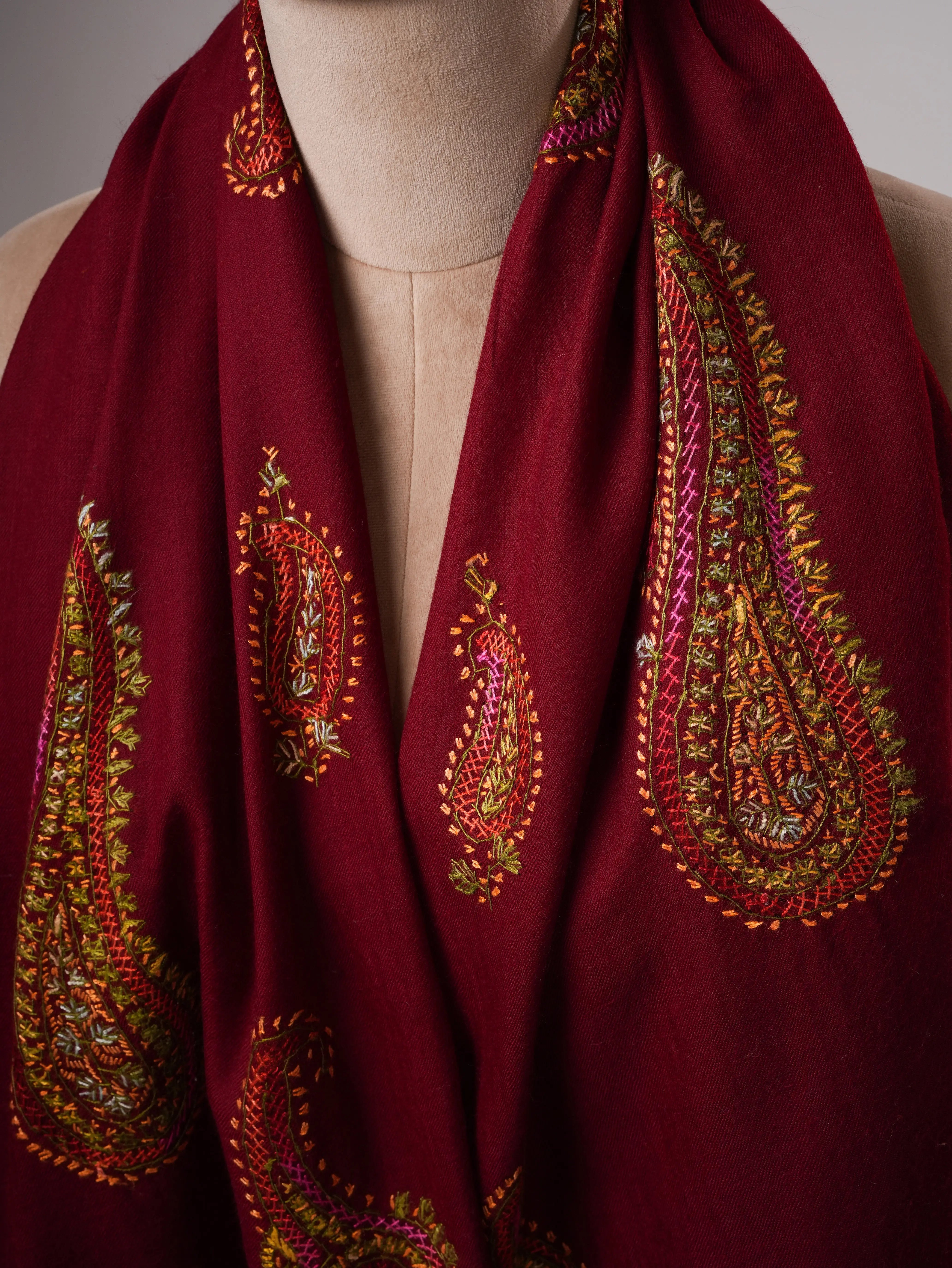 Handcrafted Maroon Fine Wool Shawl with Paisley Embroidery Shahkaar