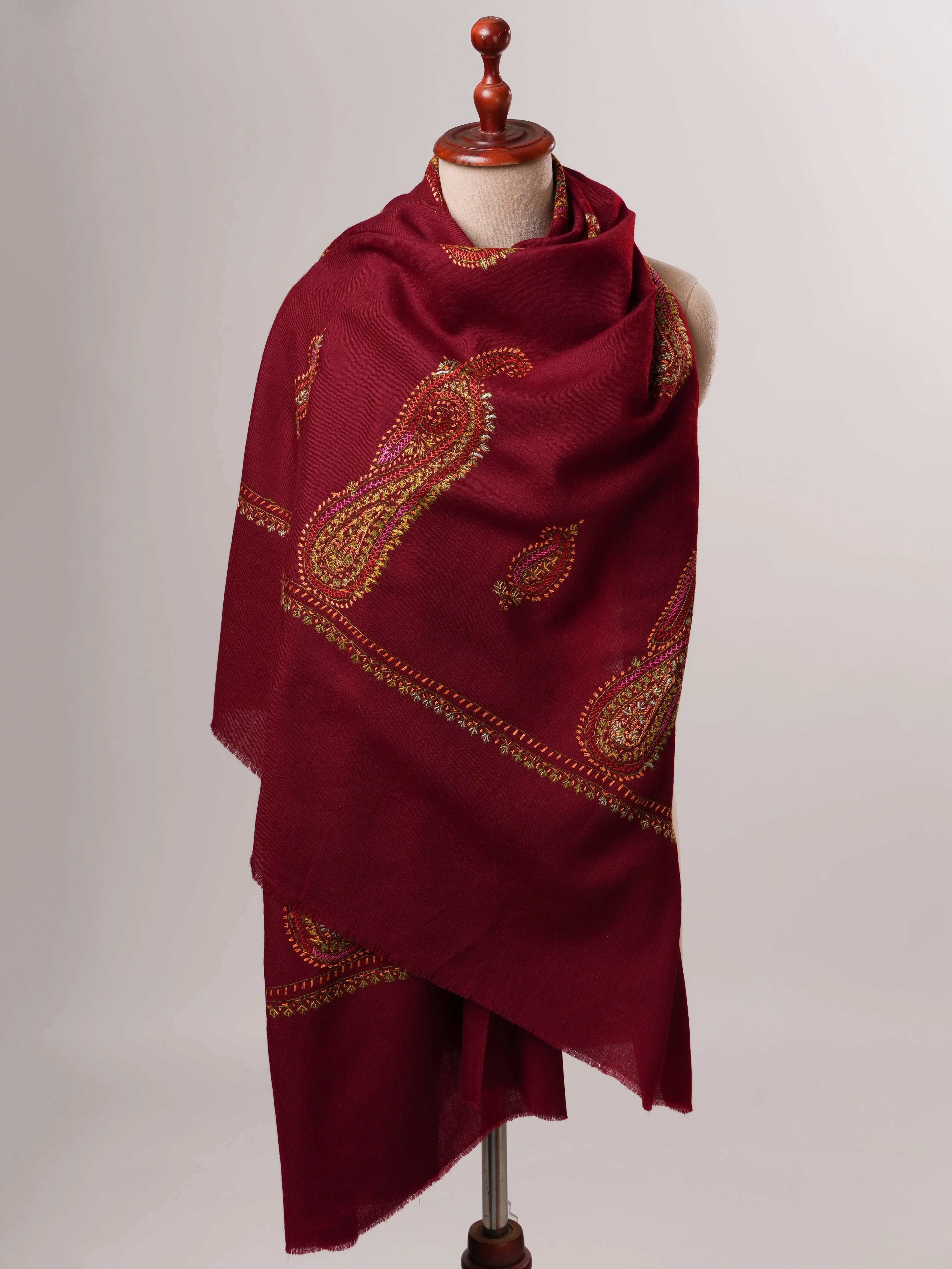 Handcrafted Maroon Fine Wool Shawl with Paisley Embroidery Shahkaar