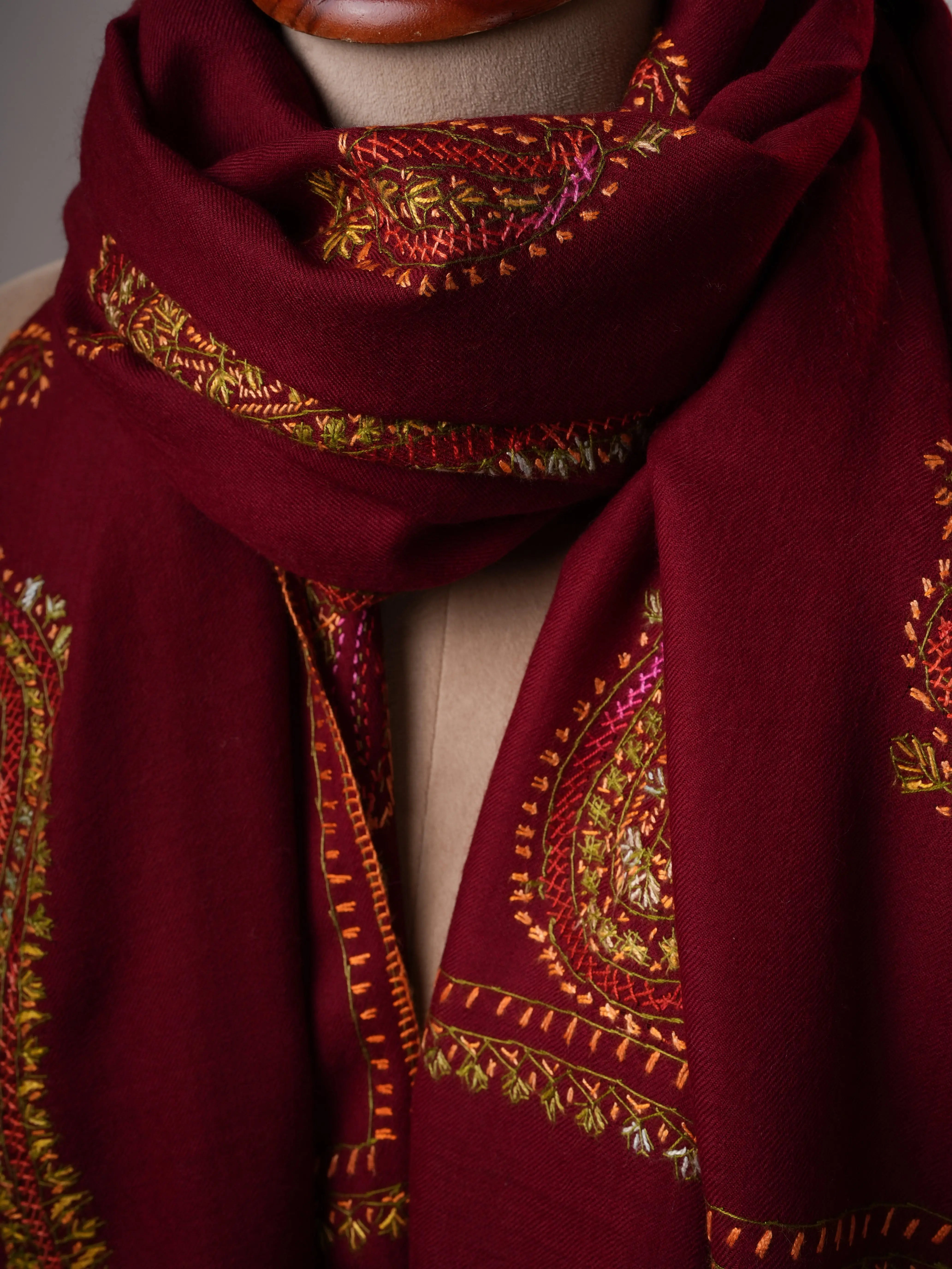 Handcrafted Maroon Fine Wool Shawl with Paisley Embroidery Shahkaar