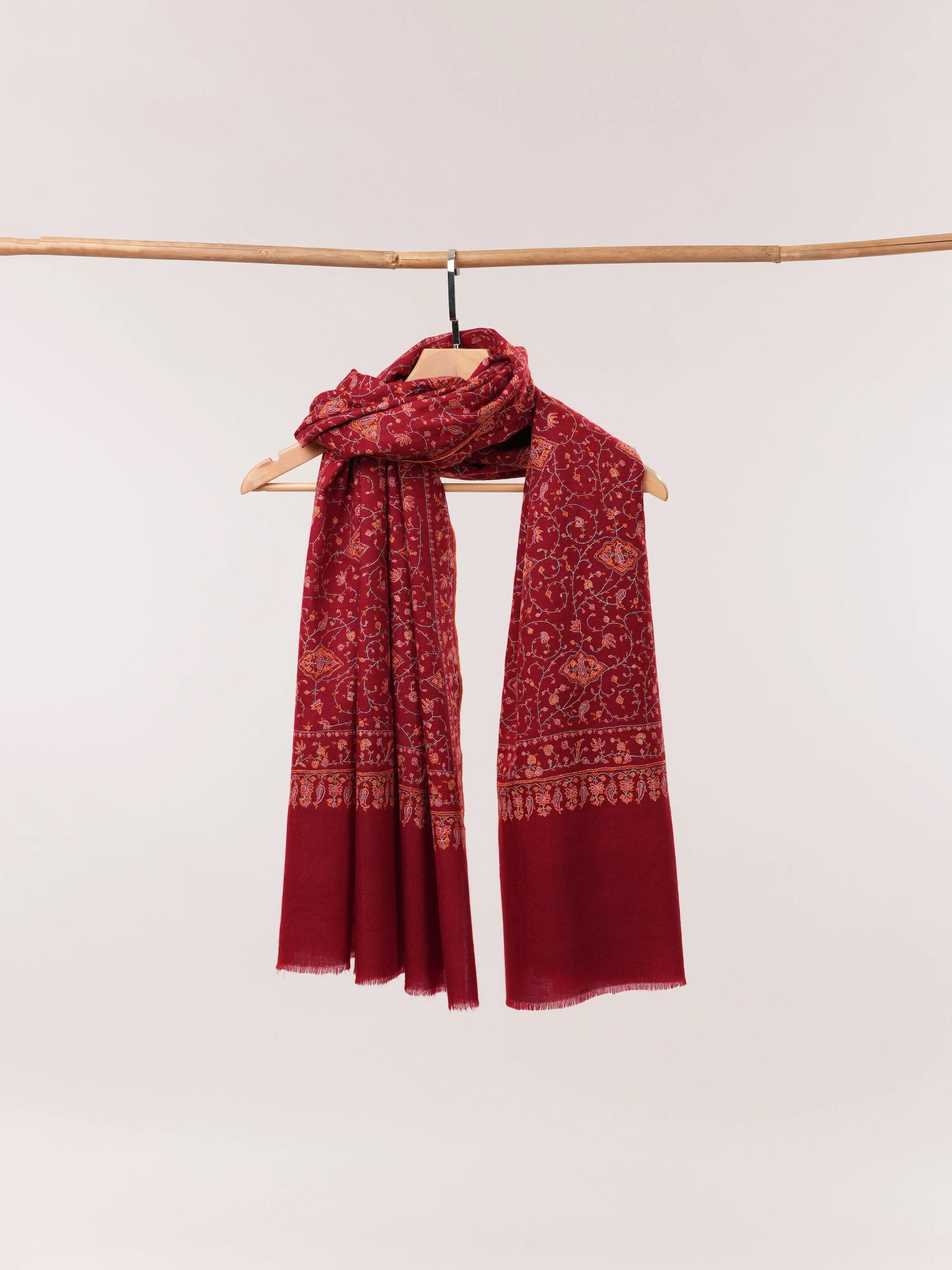Carmine Red Handwoven Floral Hand Embroidered Kashmiri Pashmina Shawl Shahkaar.com