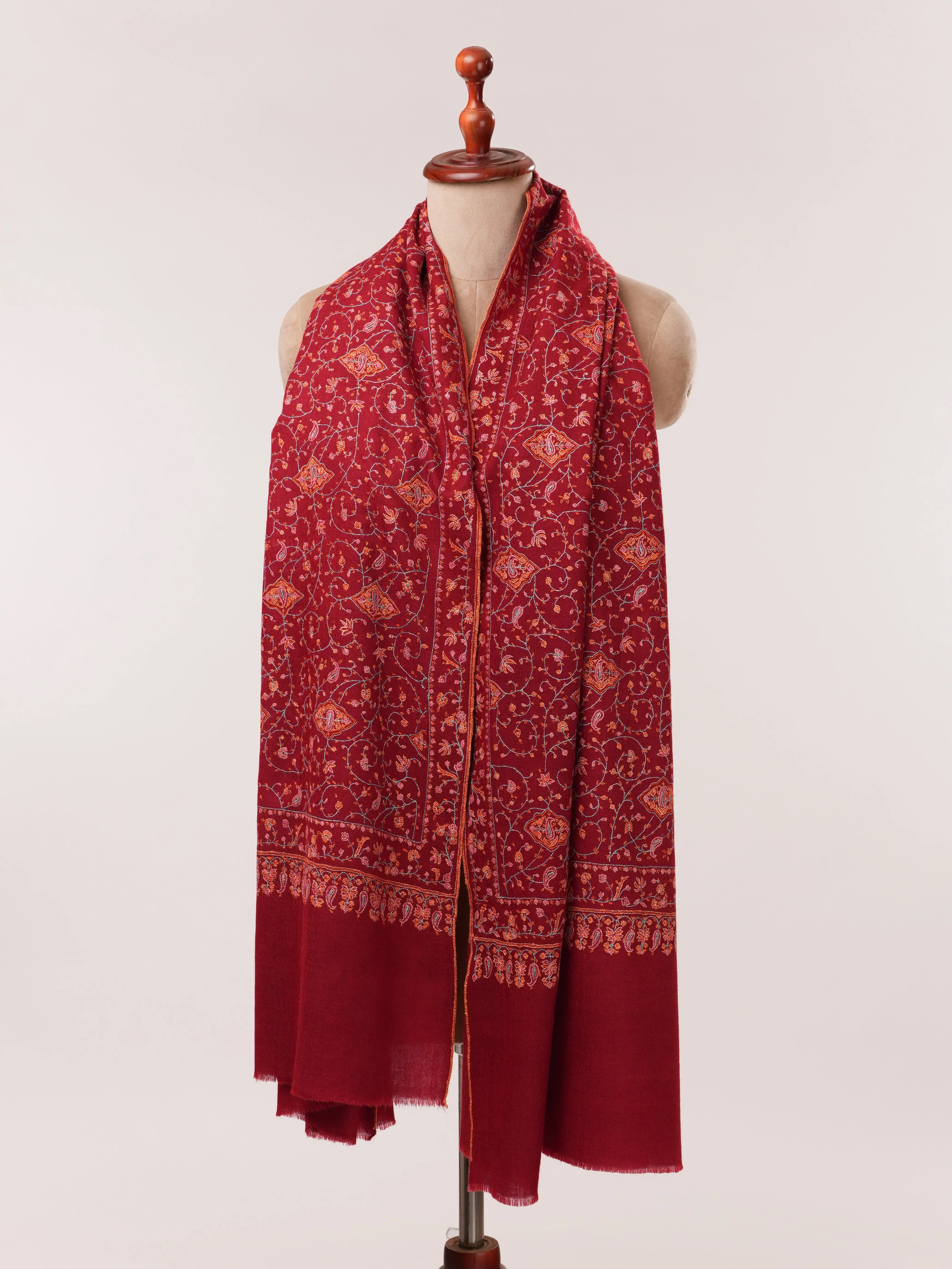 Carmine Red Handwoven Floral Hand Embroidered Kashmiri Pashmina Shawl Shahkaar.com