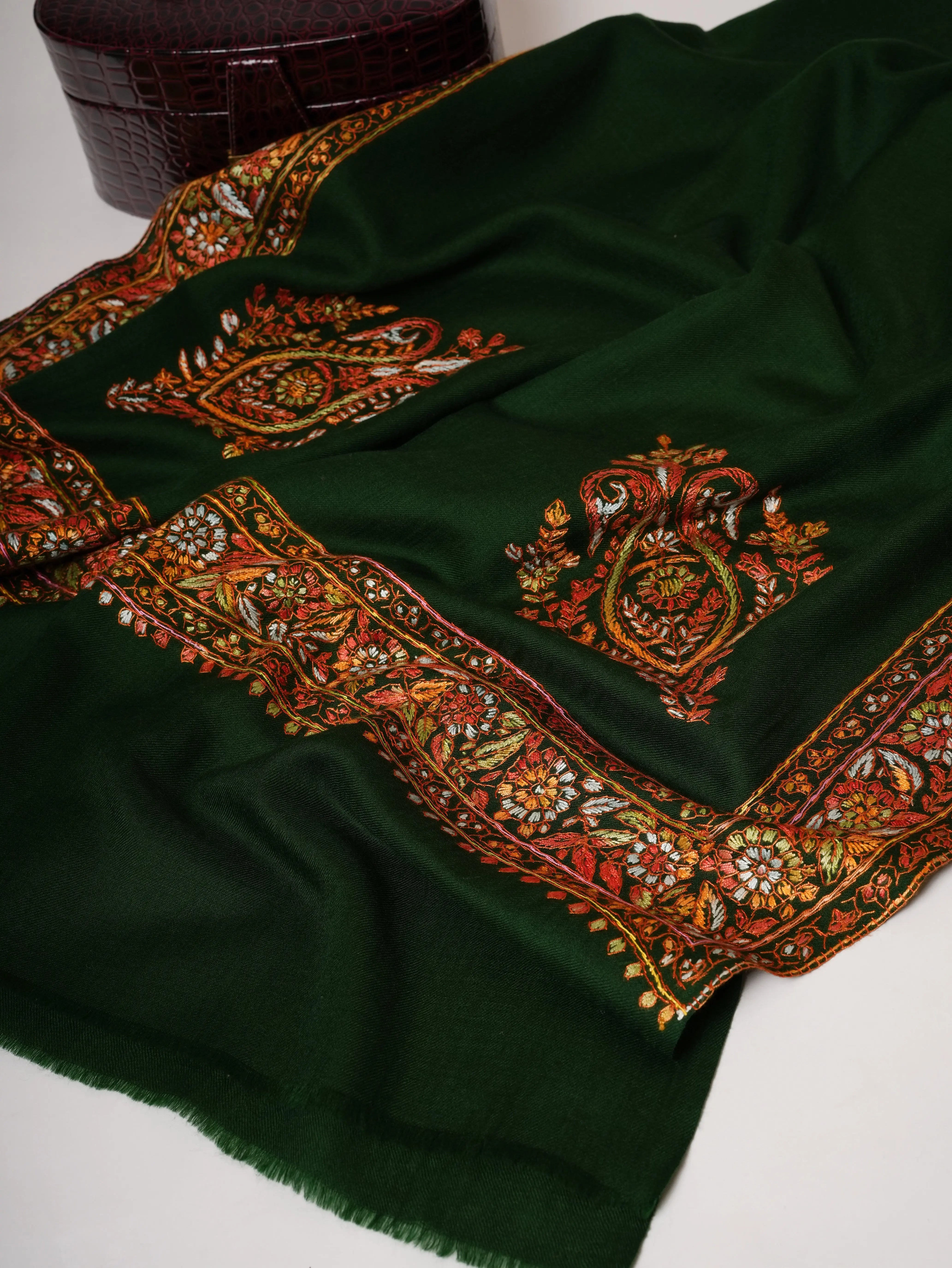 Dark Green Daurdar Hand Embroidered Fine Wool Shawl Shahkaar