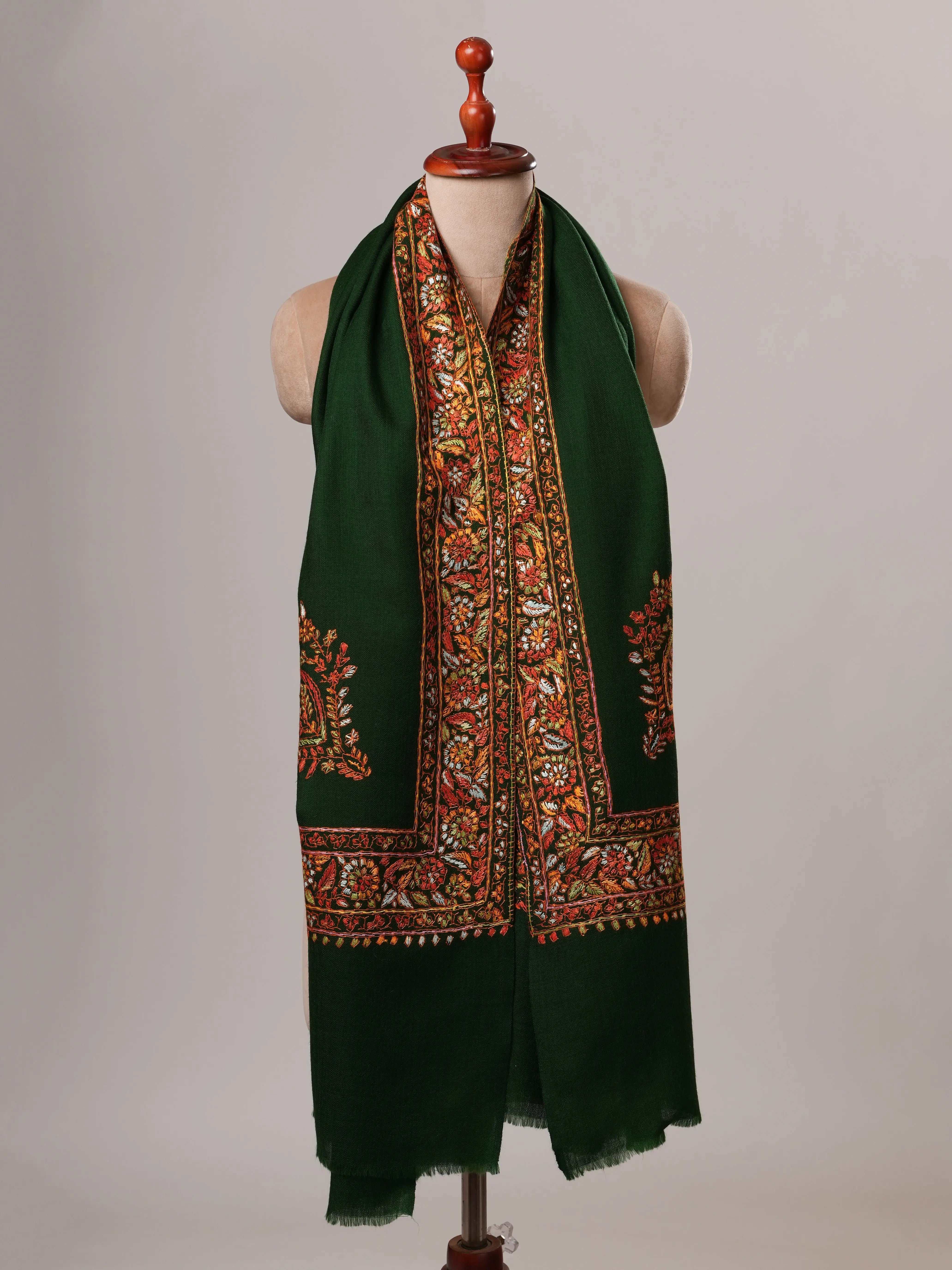 Dark Green Daurdar Hand Embroidered Fine Wool Shawl Shahkaar