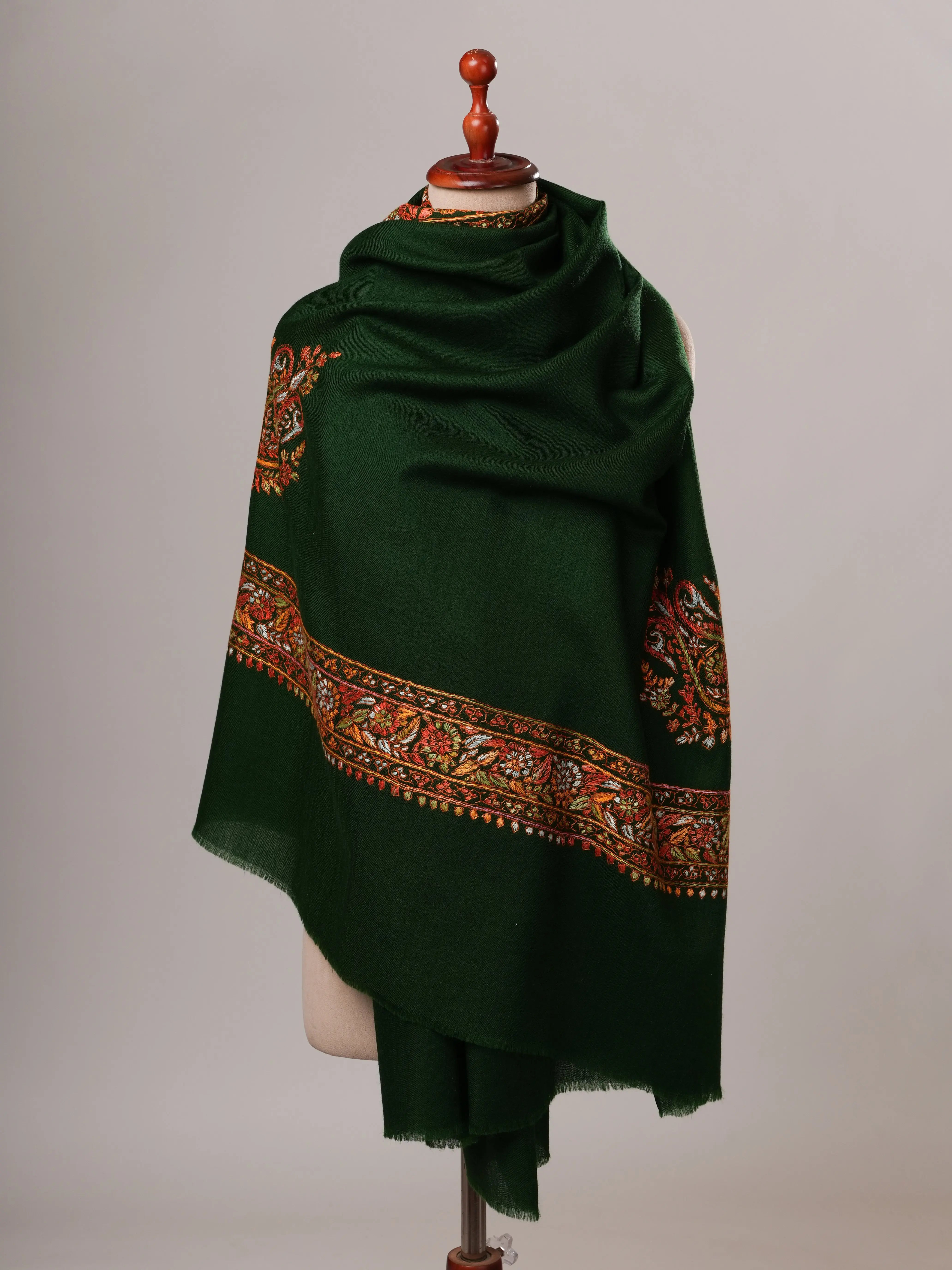 Dark Green Daurdar Hand Embroidered Fine Wool Shawl Shahkaar