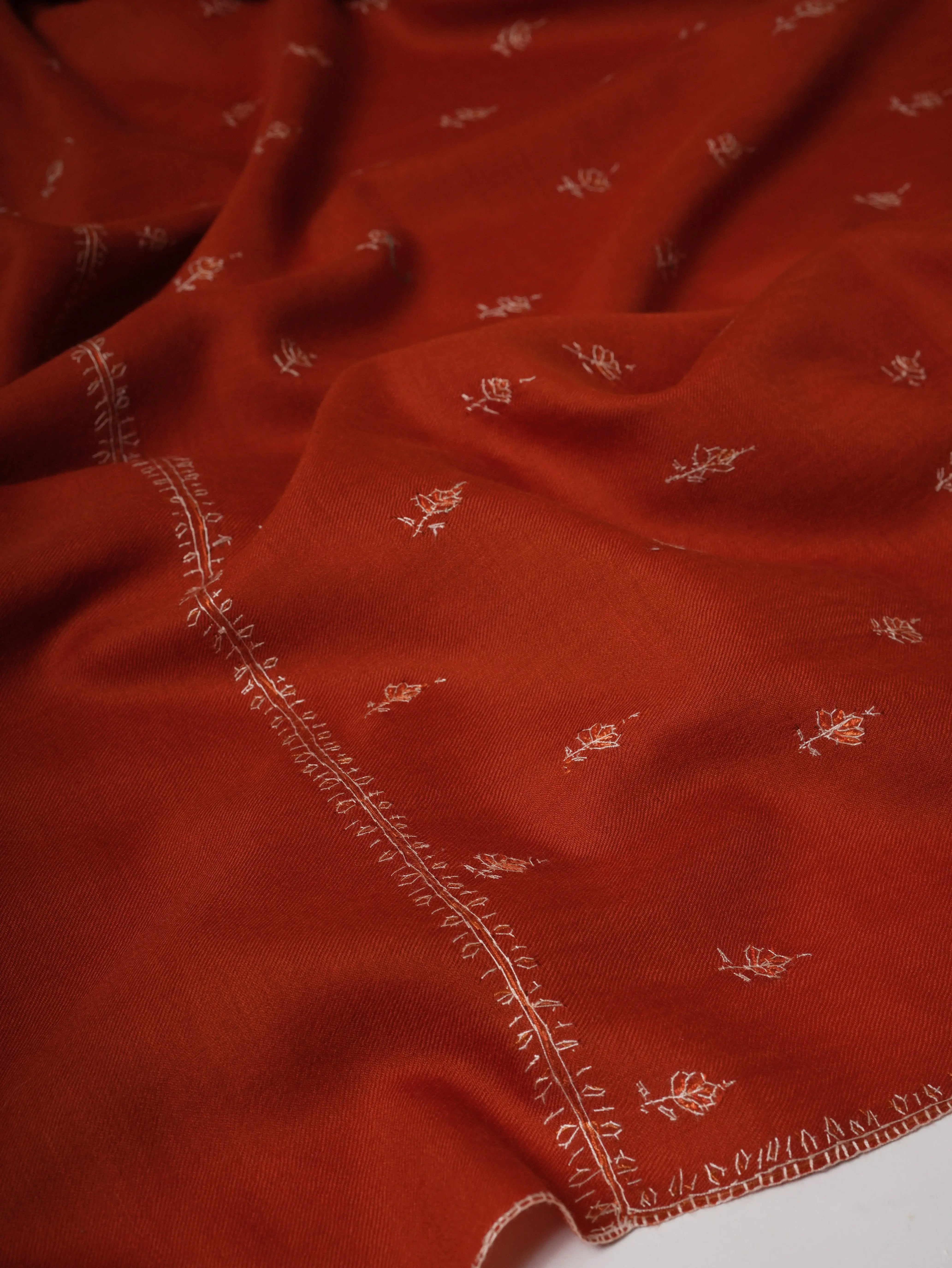 Rust Hand Embroidered Machie Buteh Fine Wool Shawl Shahkaar