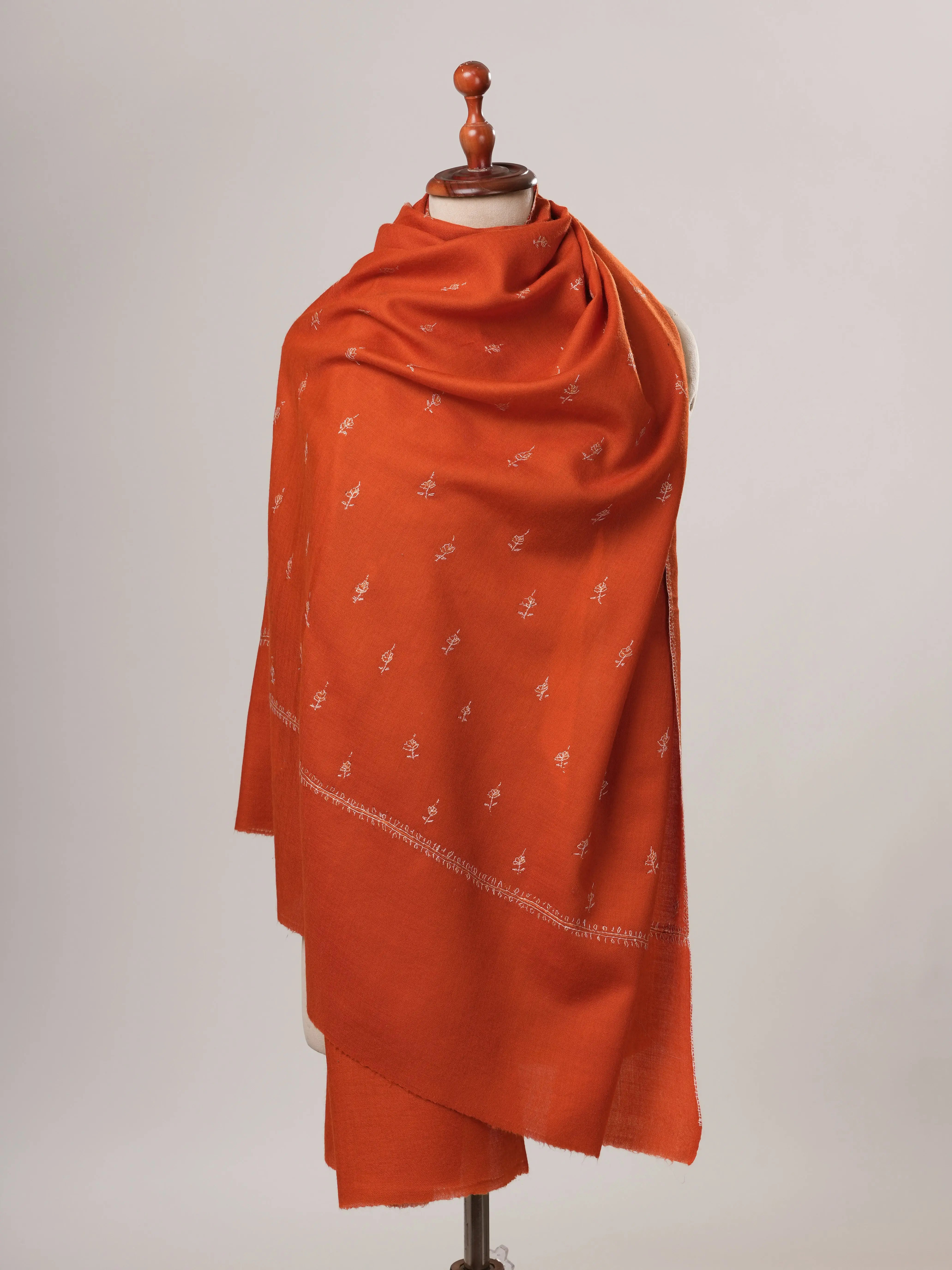 Rust Hand Embroidered Machie Buteh Fine Wool Shawl Shahkaar