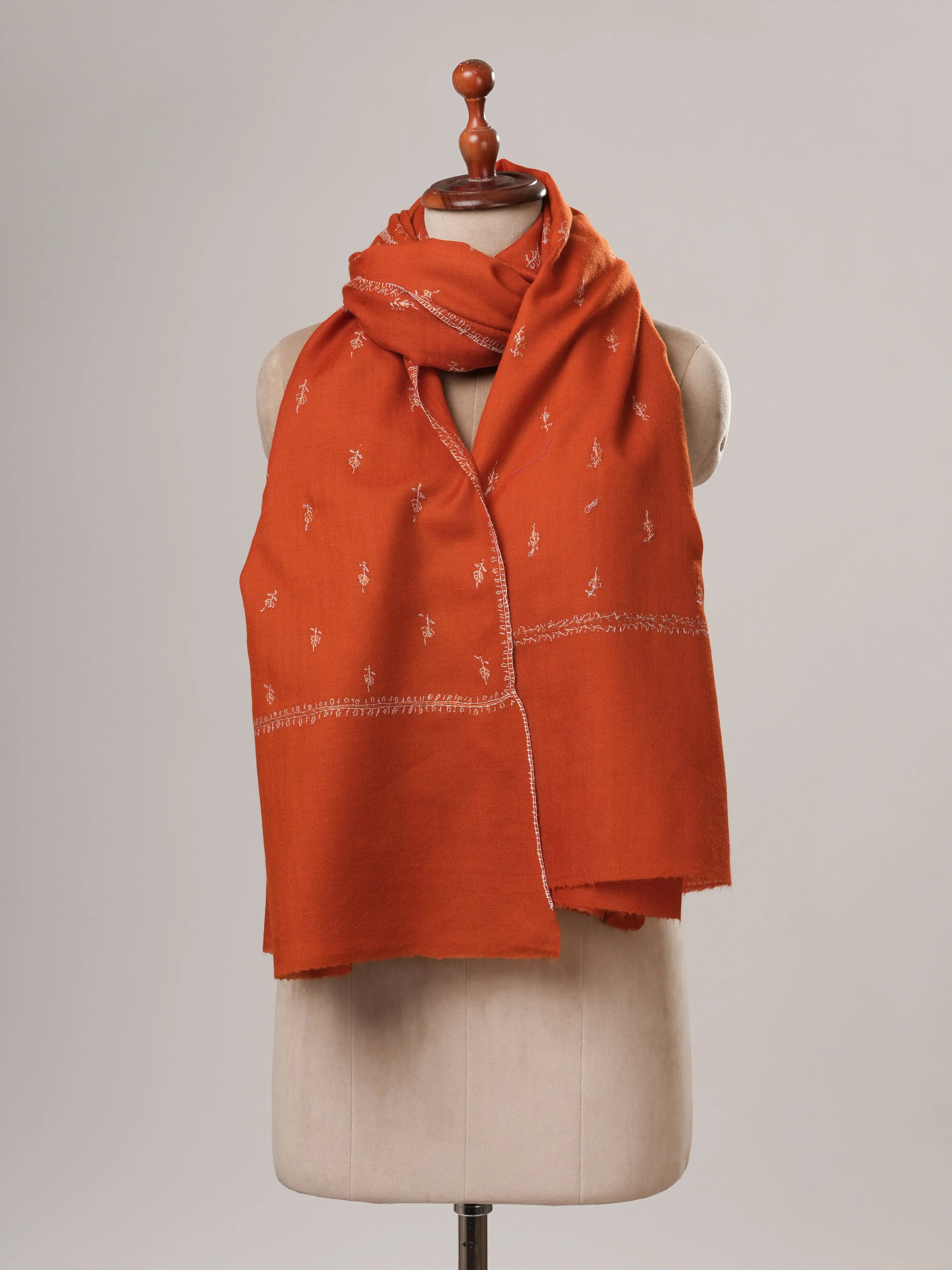 Rust Hand Embroidered Machie Buteh Fine Wool Shawl Shahkaar