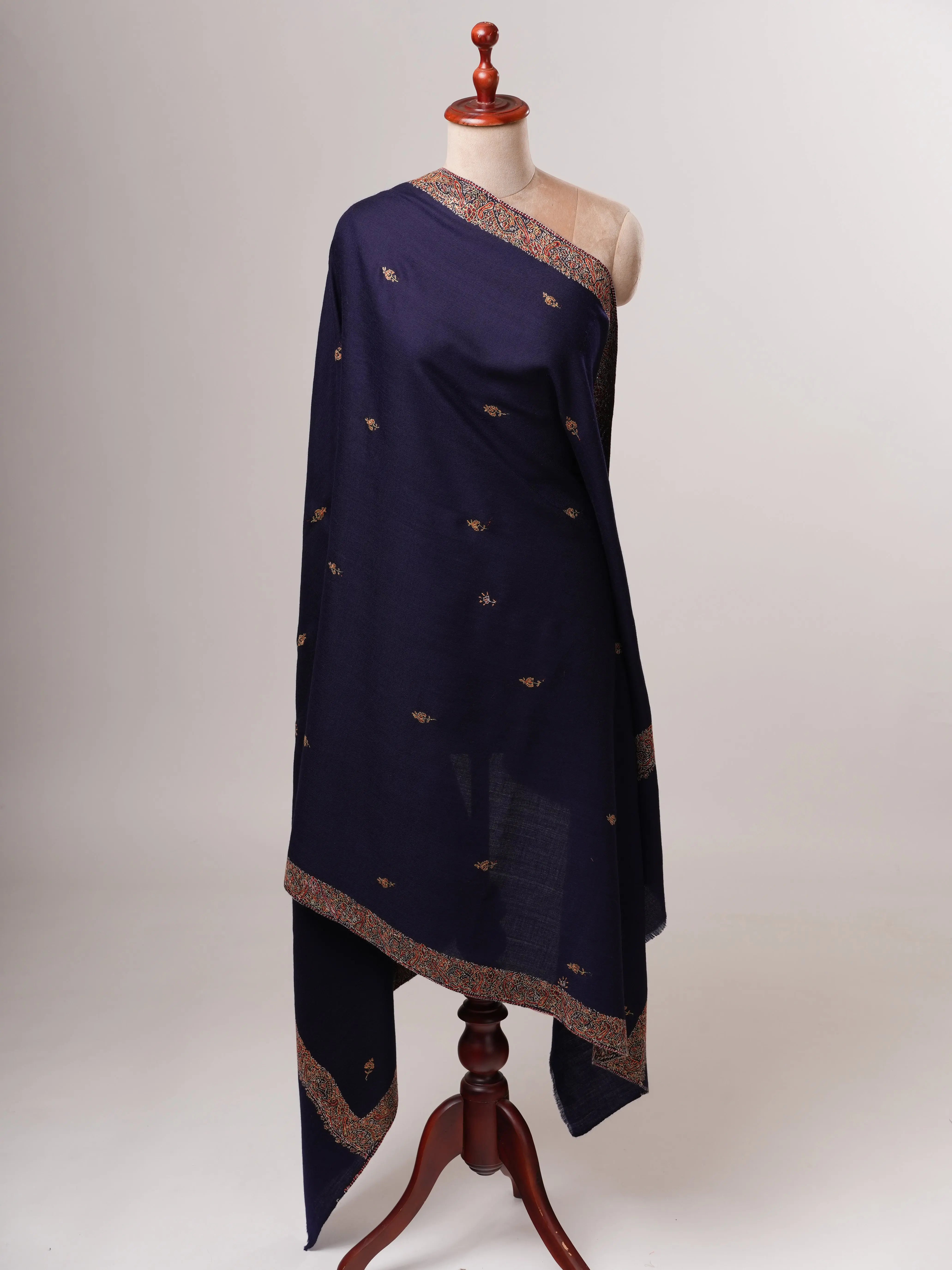 Dark Blue Fine Wool Shawl Featuring Neemdaur Buteh Work Shahkaar