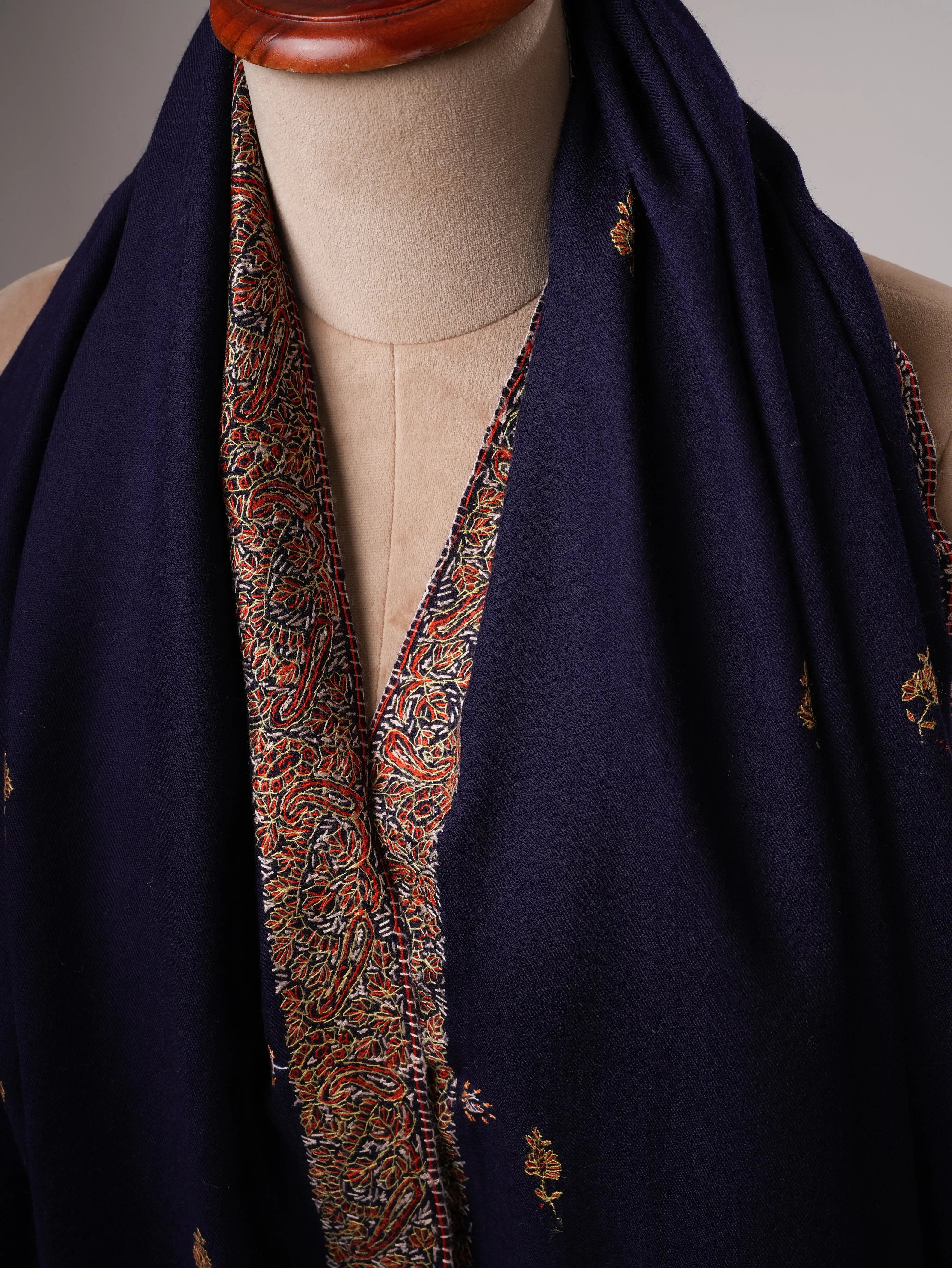 Dark Blue Fine Wool Shawl Featuring Neemdaur Buteh Work Shahkaar