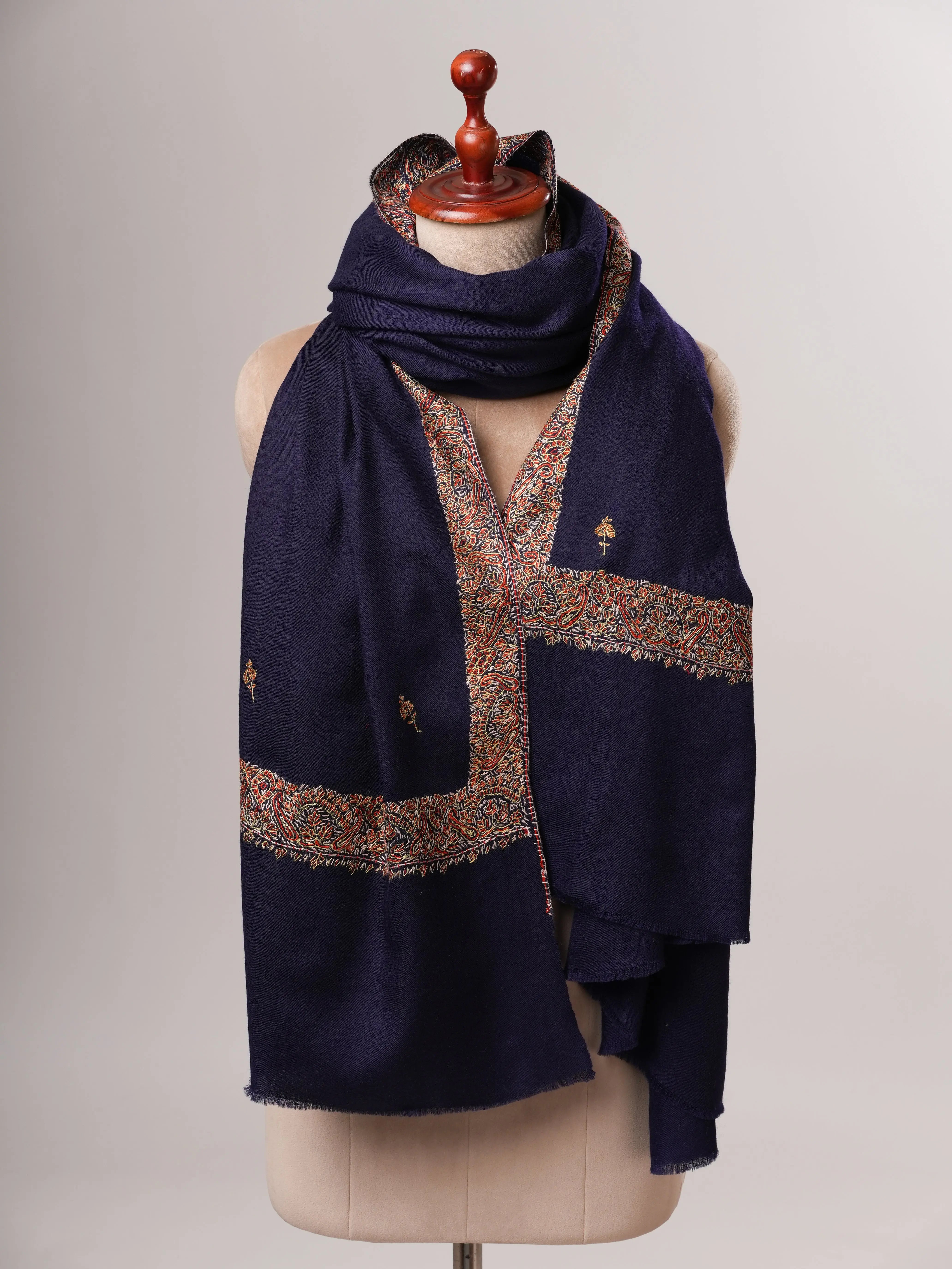 Dark Blue Fine Wool Shawl Featuring Neemdaur Buteh Work Shahkaar
