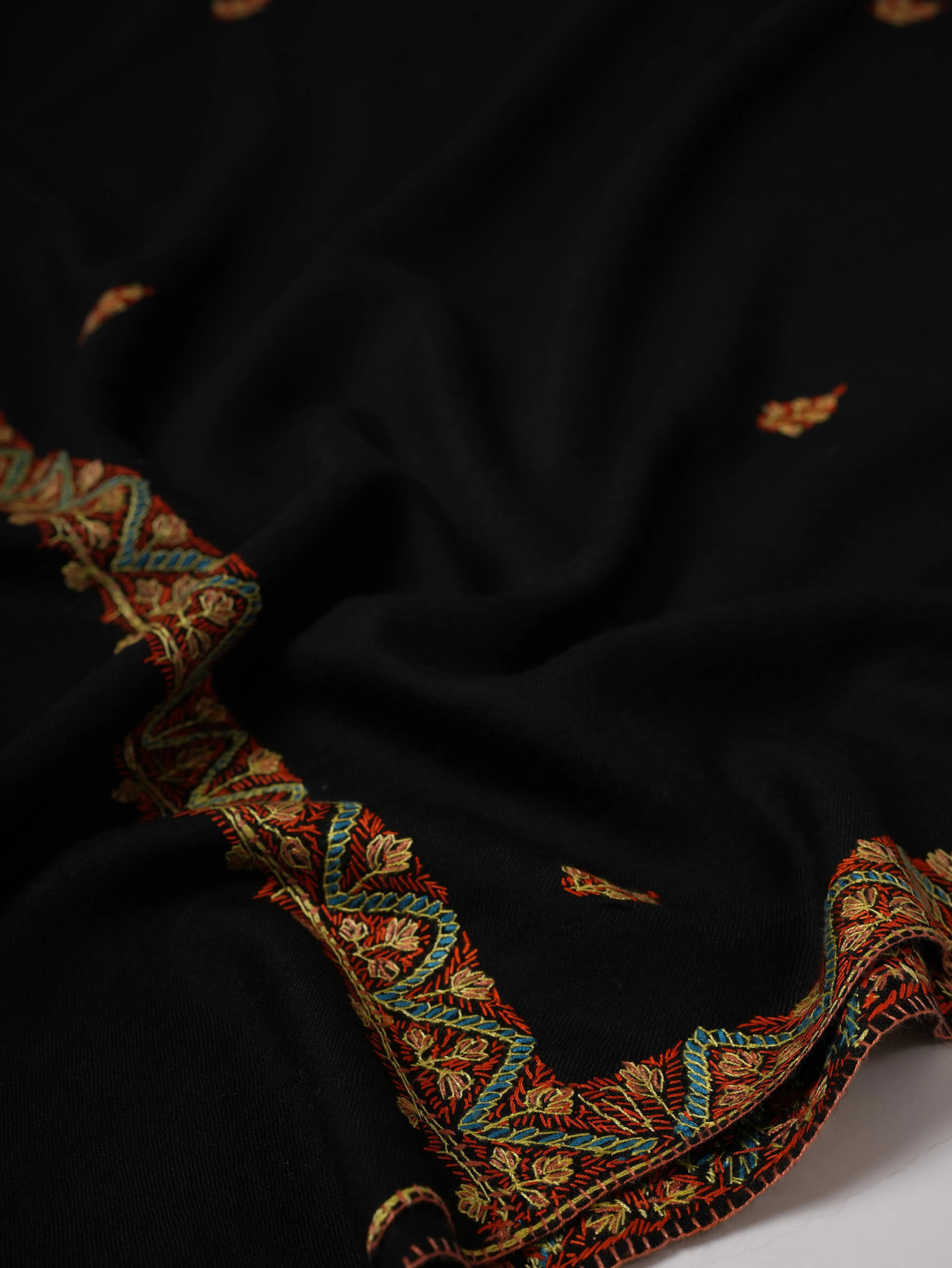 Hand Embroidered Black Fine Wool Shawl with Neemdaur Motifs Shahkaar