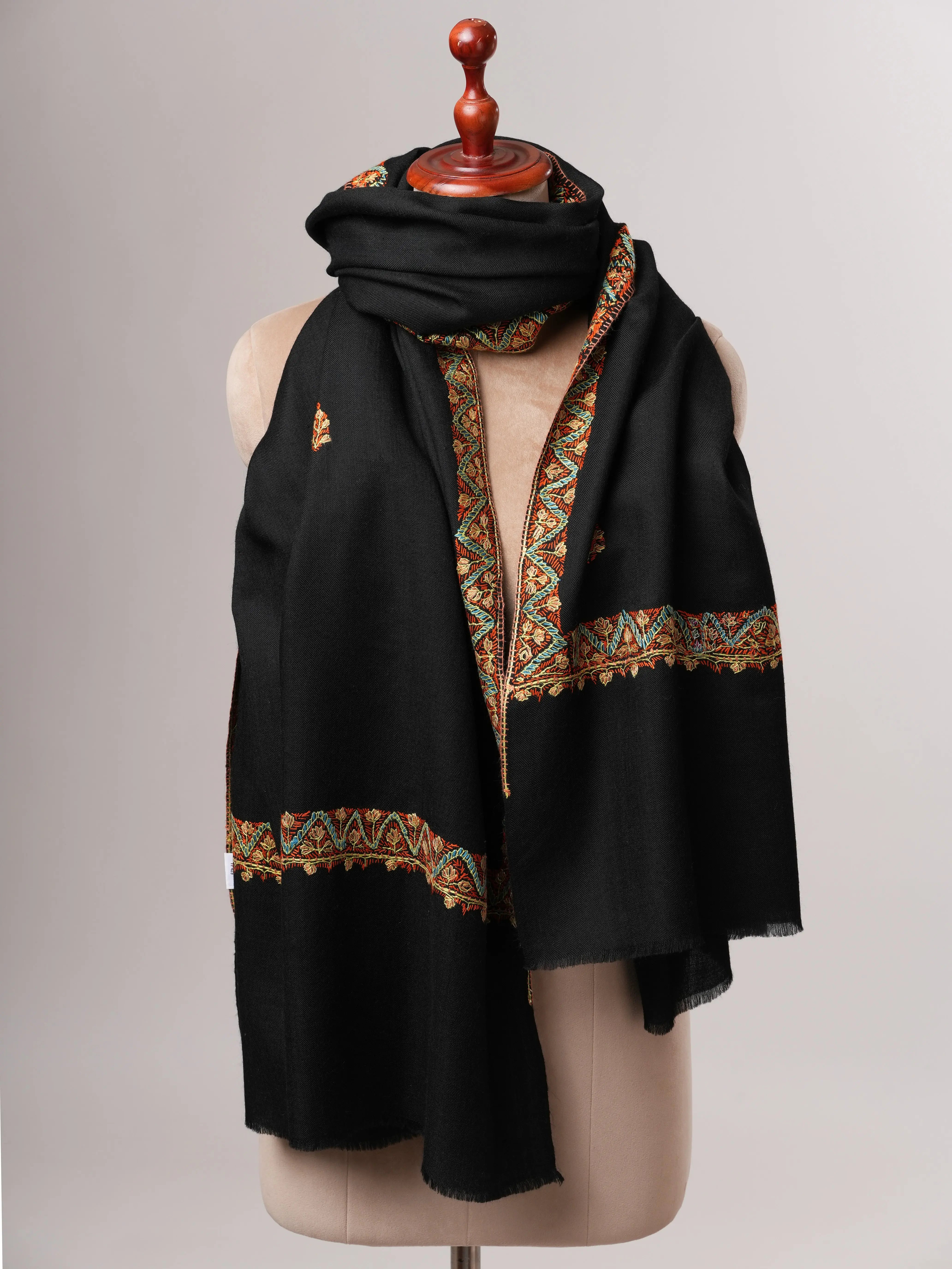 Hand Embroidered Black Fine Wool Shawl with Neemdaur Motifs Shahkaar