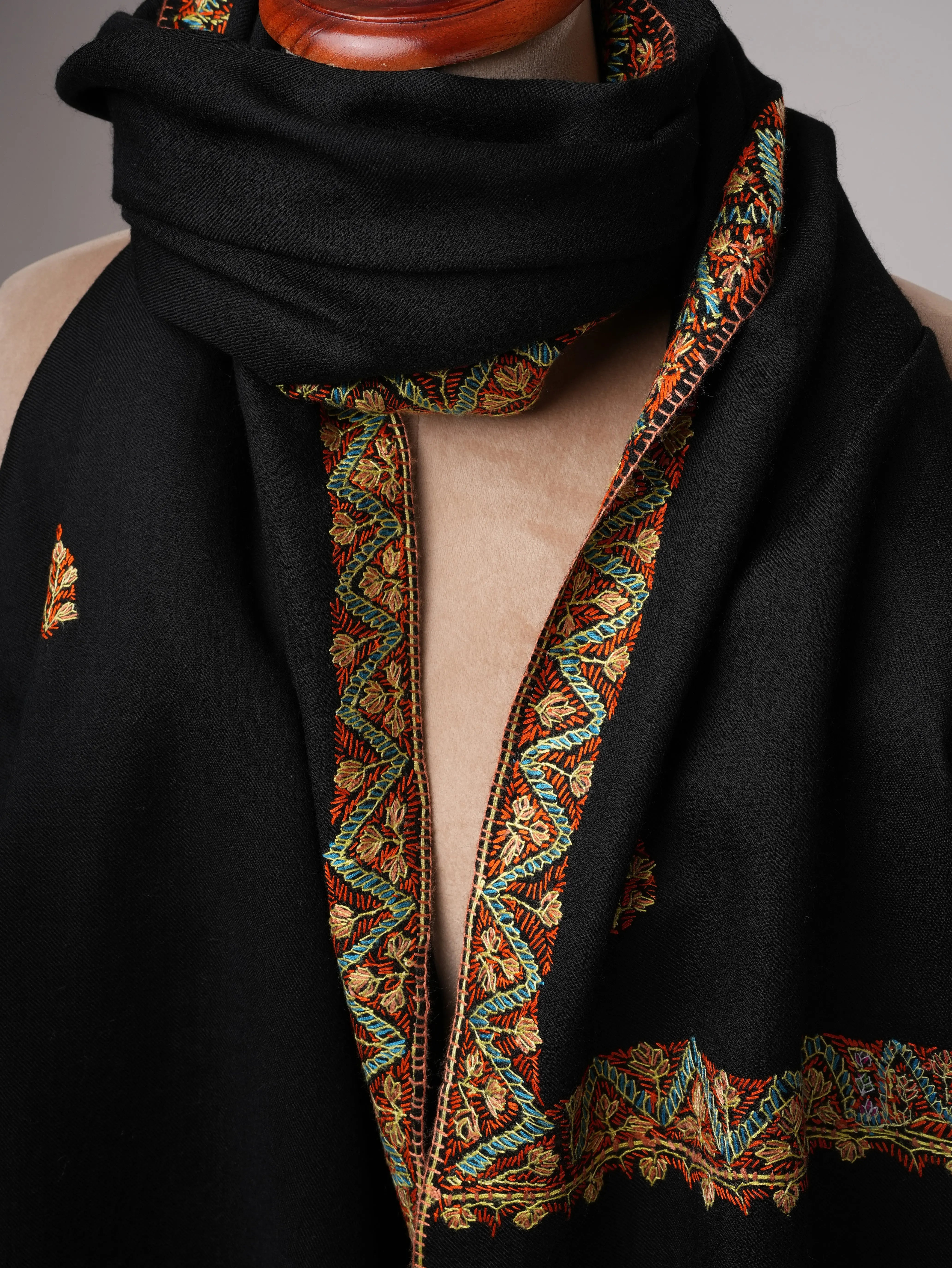 Hand Embroidered Black Fine Wool Shawl with Neemdaur Motifs Shahkaar