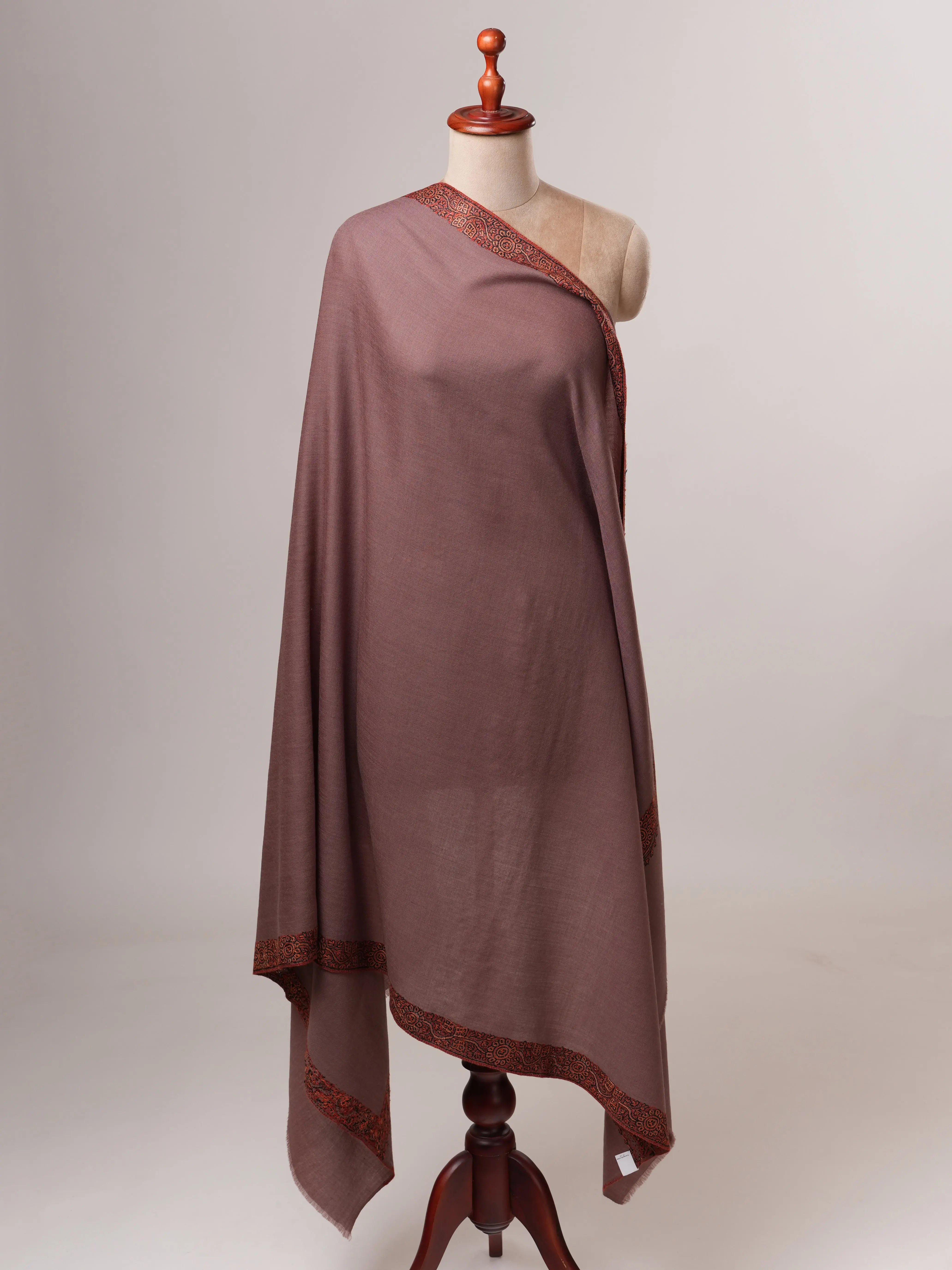Fine Wool Shawl in Mauve with Hand Embroidered Neemdaur Motifs Shahkaar