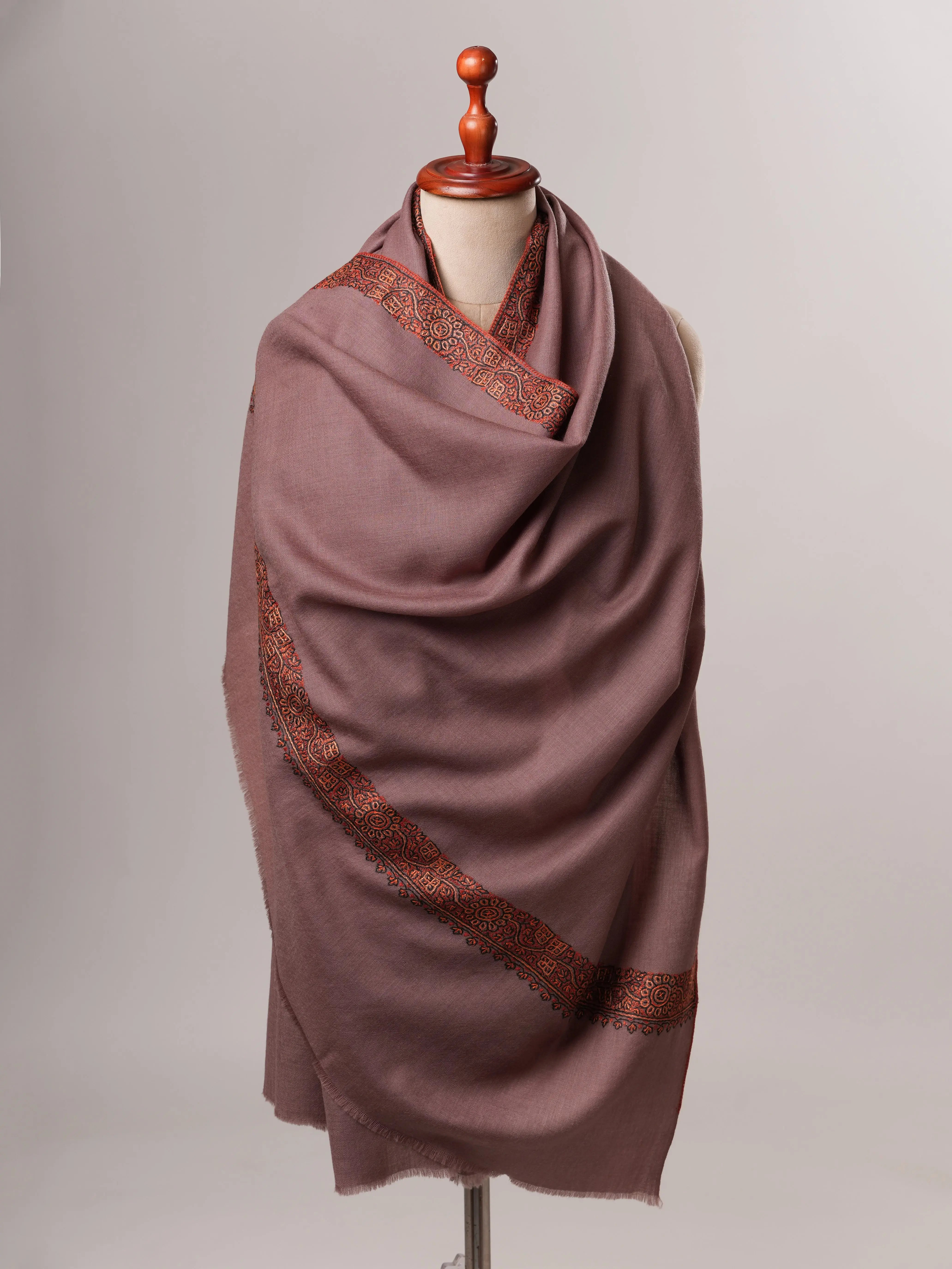 Fine Wool Shawl in Mauve with Hand Embroidered Neemdaur Motifs Shahkaar