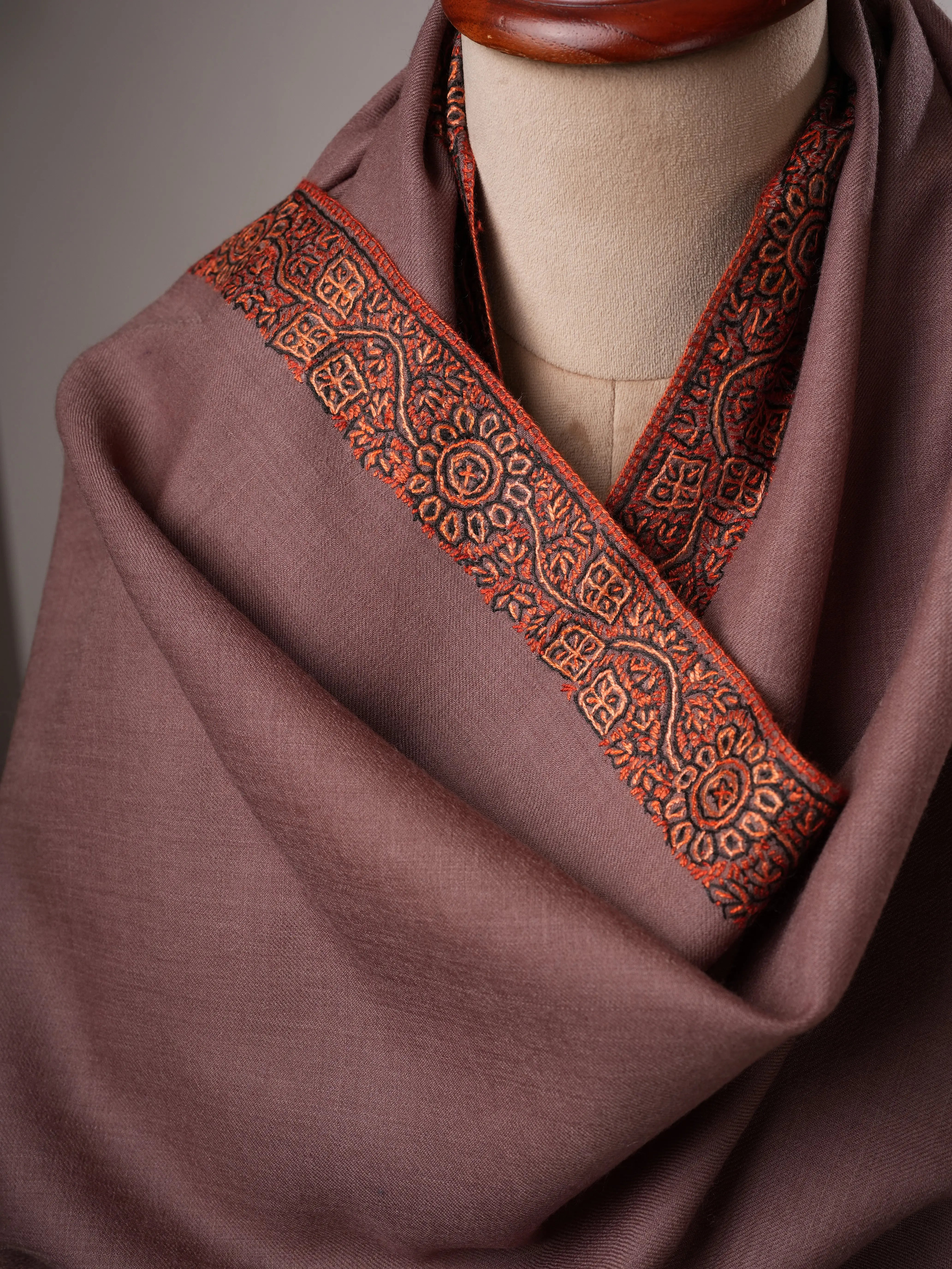 Fine Wool Shawl in Mauve with Hand Embroidered Neemdaur Motifs Shahkaar
